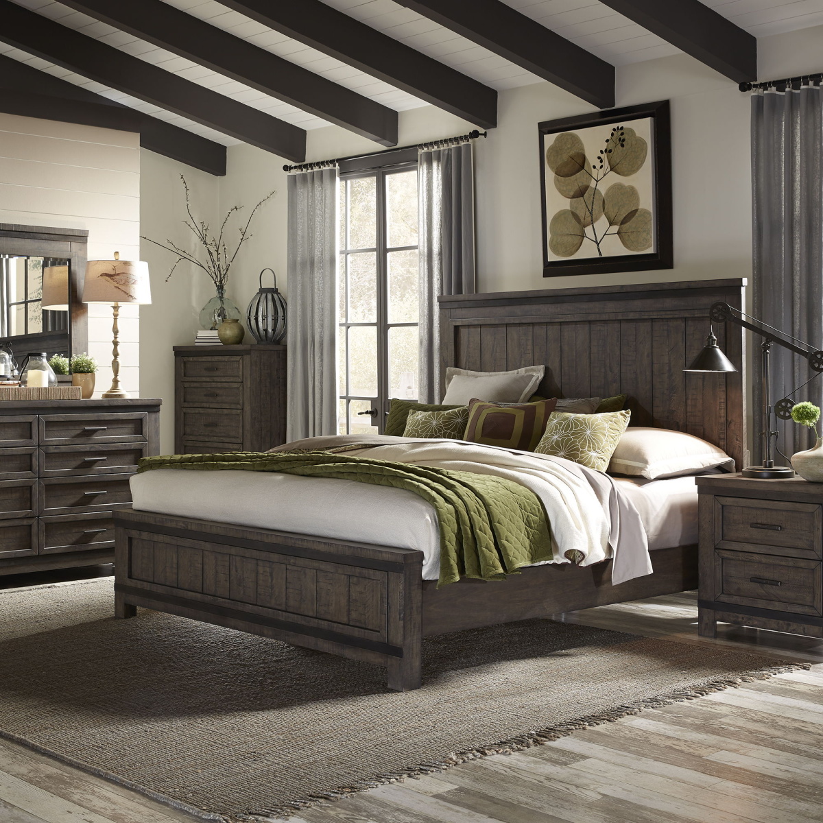 4e653f228781f698e9729547396bf25a Thornwood Hills - 4 Piece Bedroom Set (King Panel Bed, Dresser & Mirror, Nightstand) - Rock Beaten Brown - Image 1