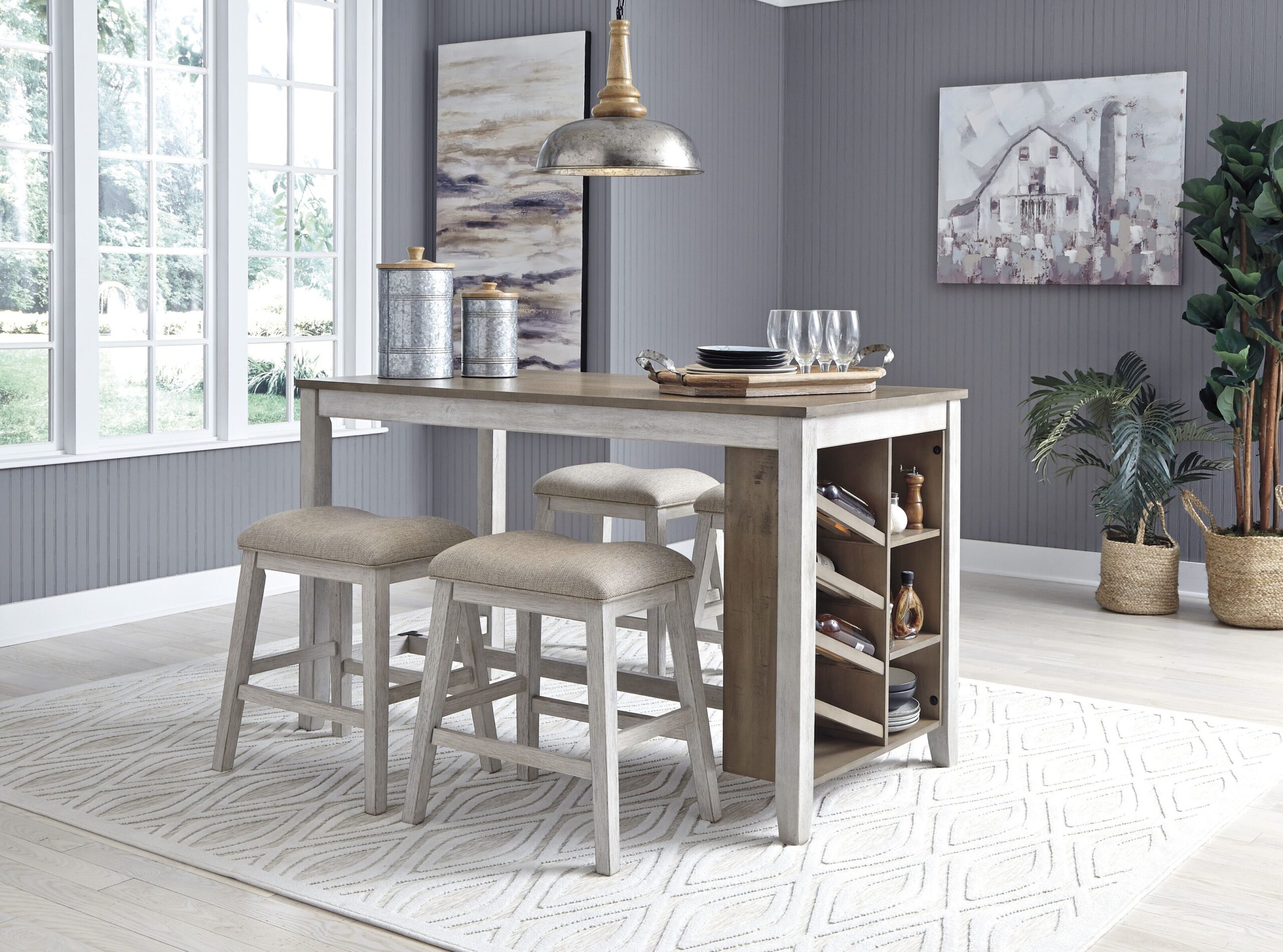Skempton - 5 Pc. - Counter Table, 4 Upholstered Stools - White
