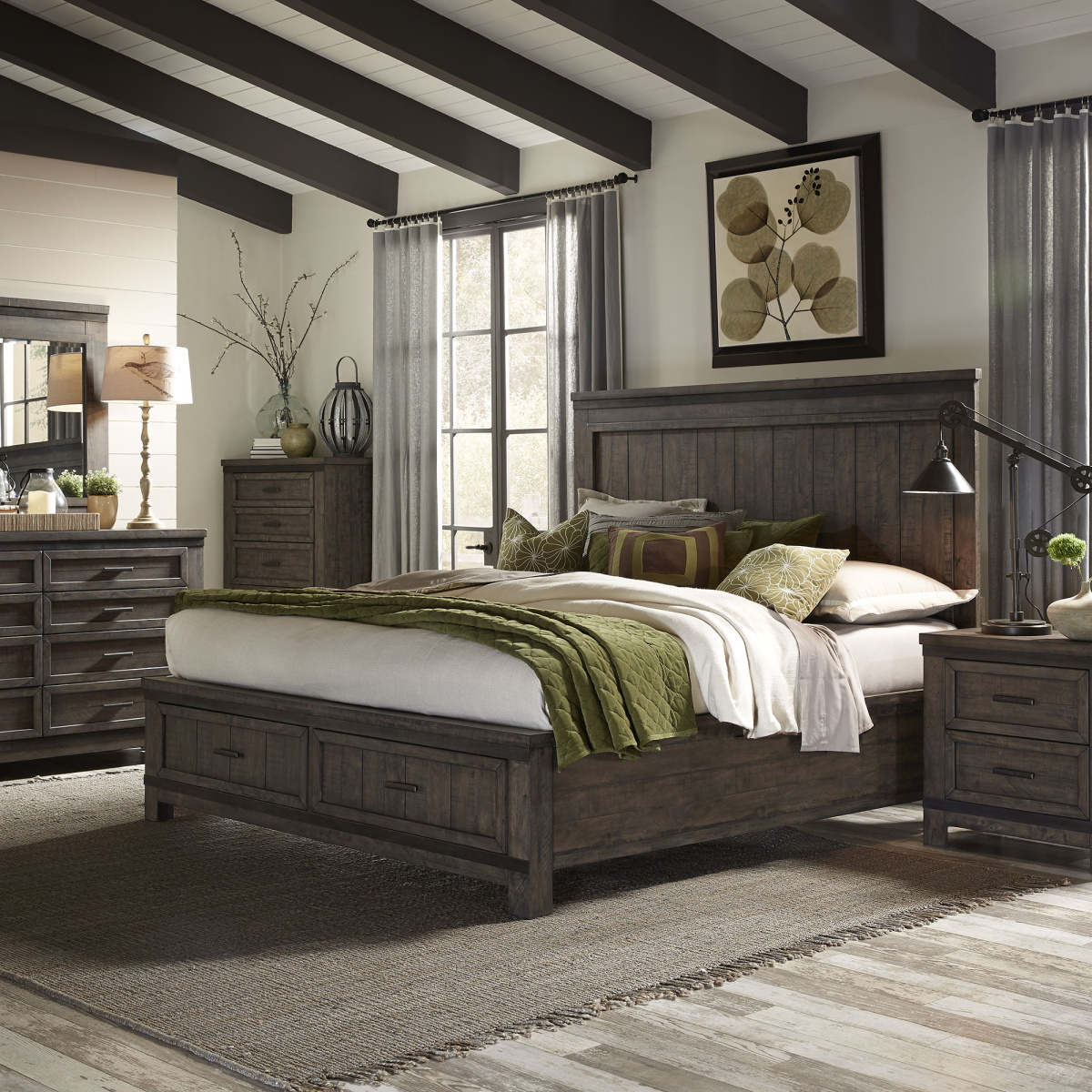 5640b57b8441b89a194b59af9339e026 Thornwood Hills - 5 Piece Bedroom Set (King Storage Bed, Dresser & Mirror, Chest, Nightstand) - Rock Beaten Brown - Image 1