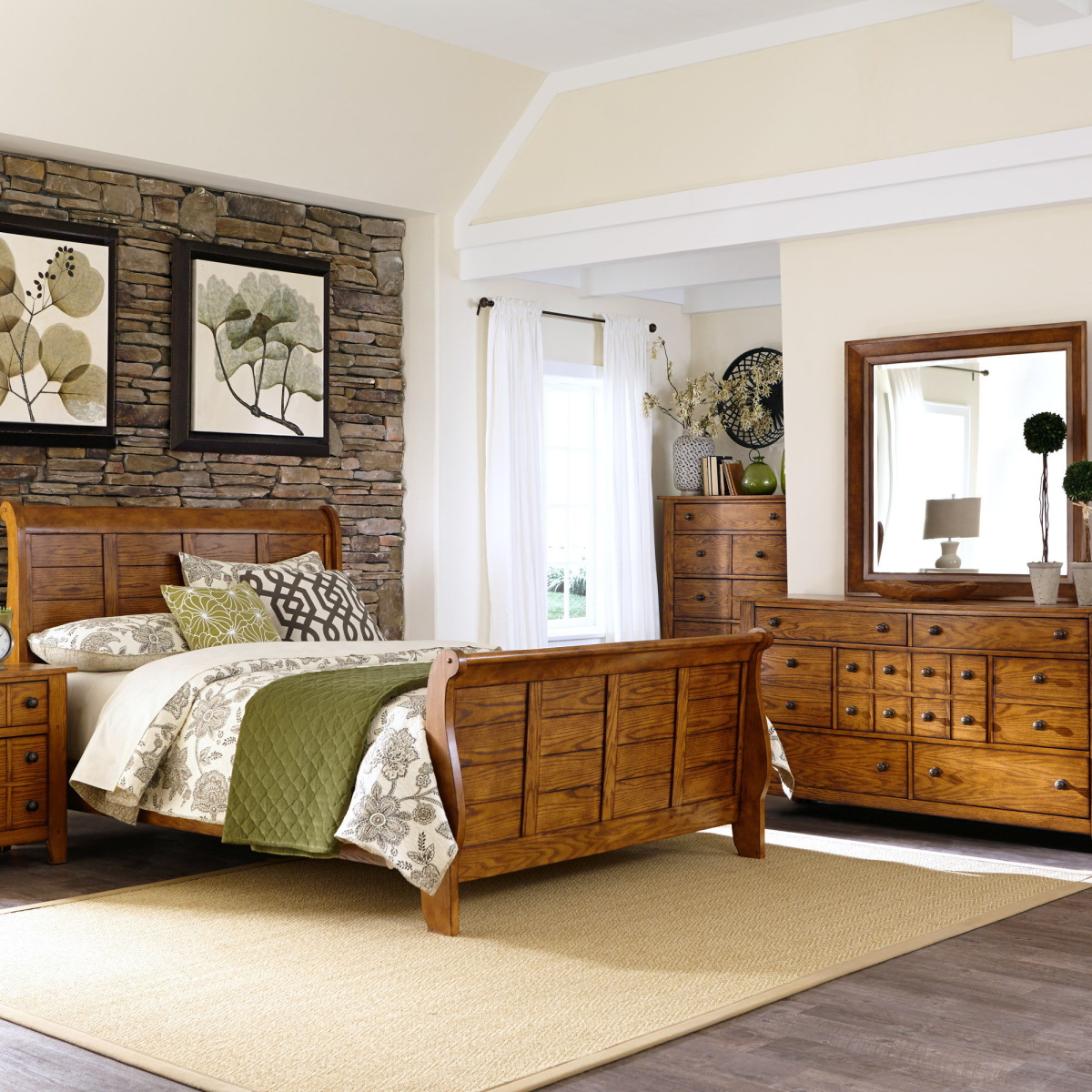 5d8cbd410af9fd751ab51e8c431875d4 Grandpas Cabin - 4 Piece Bedroom Set (California King Sleigh Bed, Dresser & Mirror, Chest) - Light Brown - Image 1