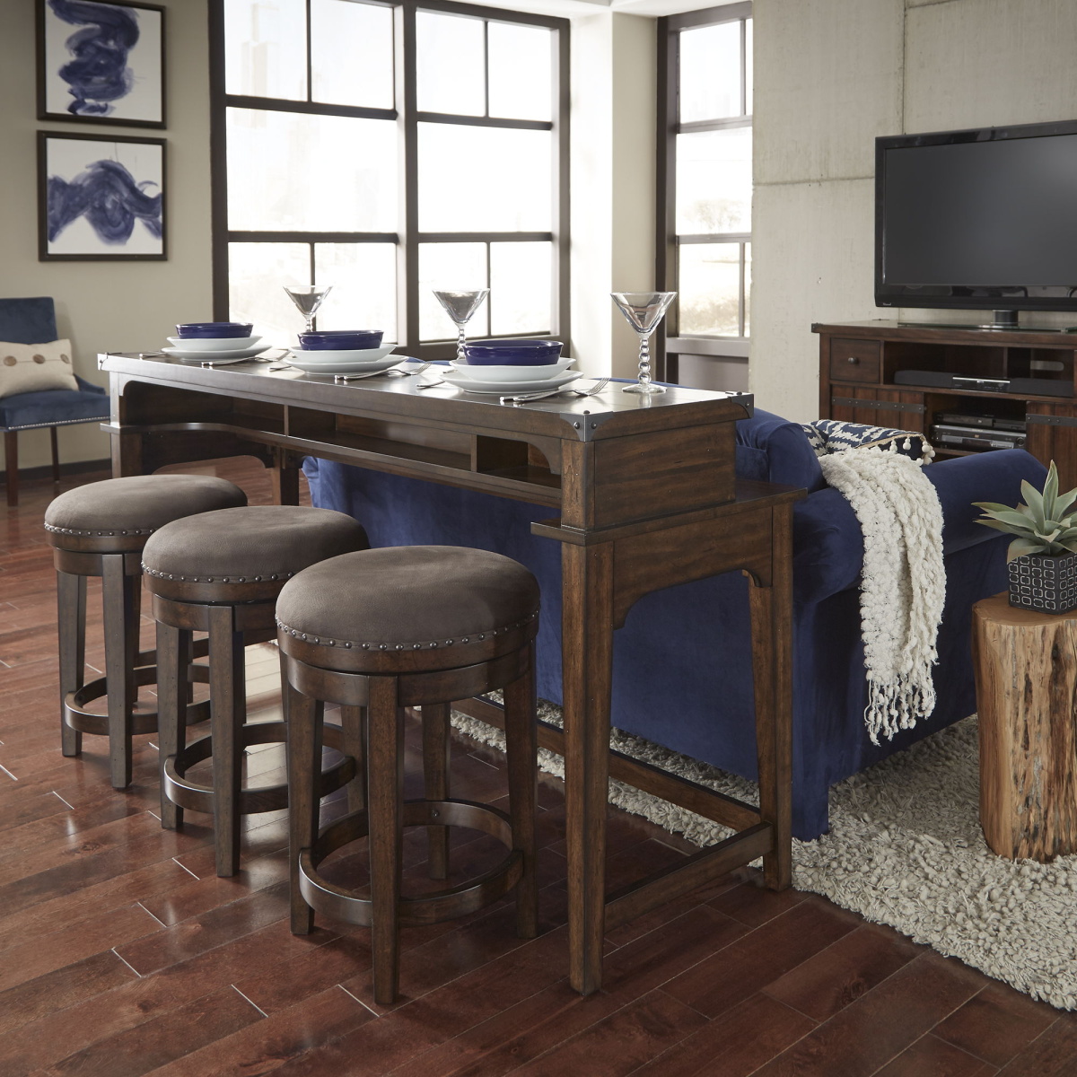 61955154f6e25f446d3e0d22ffb7c39f Aspen Skies - 4 Piece Console Set (1 Console 3 Swivel Stools) - Dark Brown - Image 1