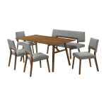 Channell - 6 Piece Walnut Wood Dining Table Set With Bench - Charcoal