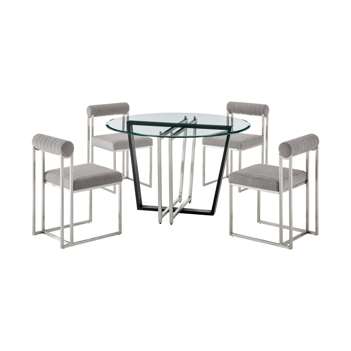 67be650fe9b8548c29b0bf3469f137d2 Devi Anastasia - 5 Piece Round Glass Dining Table Set - Brushed Silver / Light Gray - Image 1