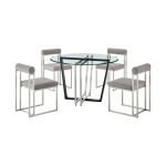 Devi Anastasia - 5 Piece Round Glass Dining Table Set - Brushed Silver / Light Gray