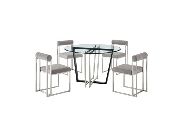 Devi Anastasia – 5 Piece Round Glass Dining Table Set – Brushed Silver / Light Gray Dining Sets Direct Express
