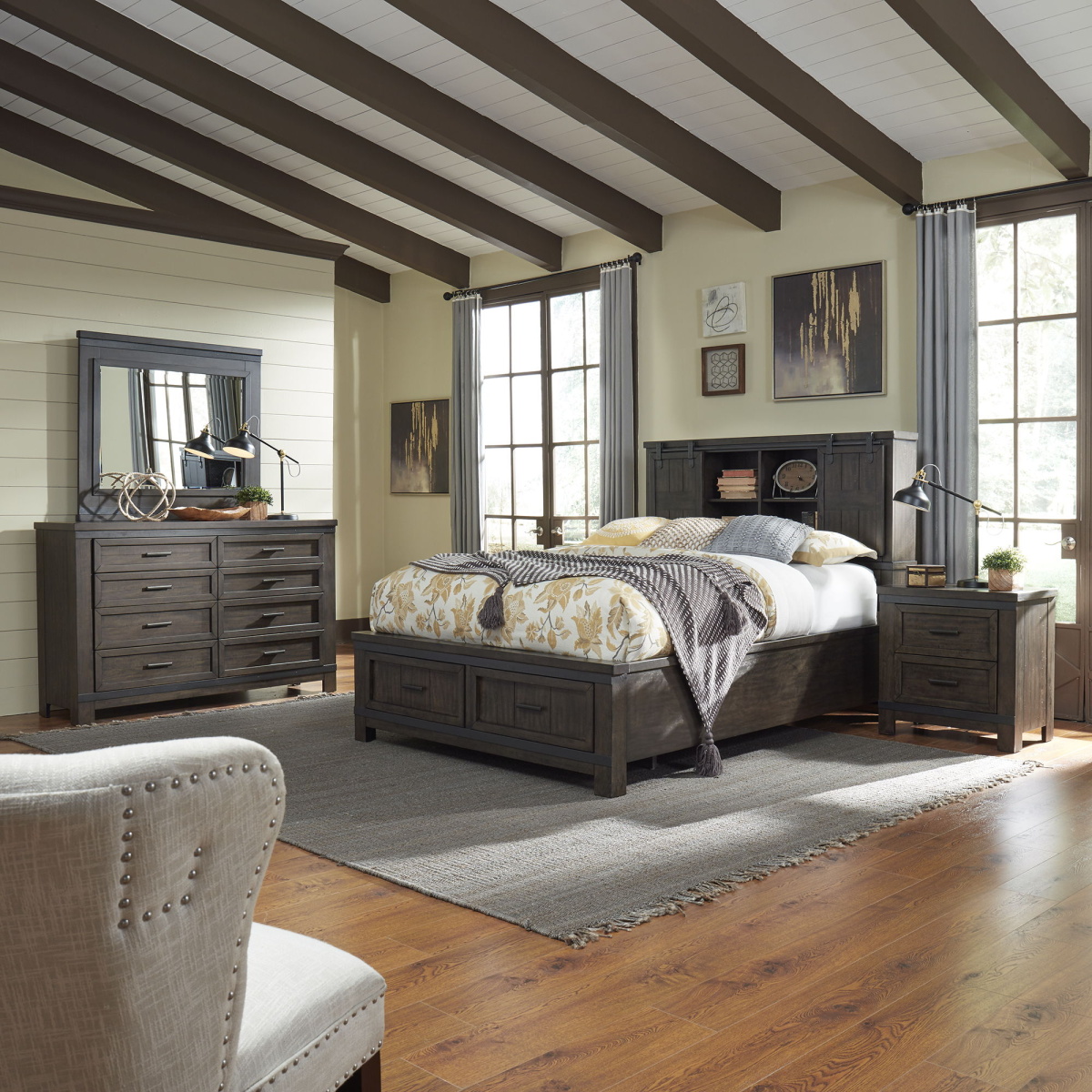 6c36bc5a649b79aafa1fa27c5a46c8d8 Thornwood Hills - 4 Piece Bedroom Set (King Bookcase Bed, Dresser & Mirror, Nightstand) - Rock Beaten Brown - Image 1