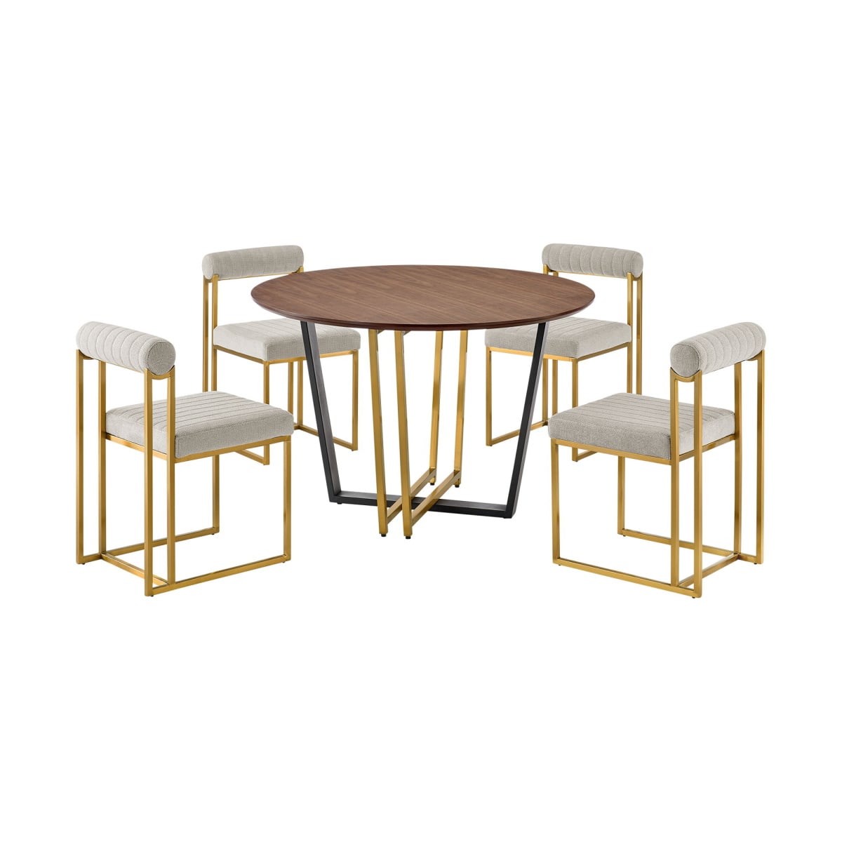 6d47a4b33e625b720f780cd6ea7bfeae Joana Anastasia - 5 Piece Round Walnut Dining Table Set - Brushed Gold / Taupe - Image 1
