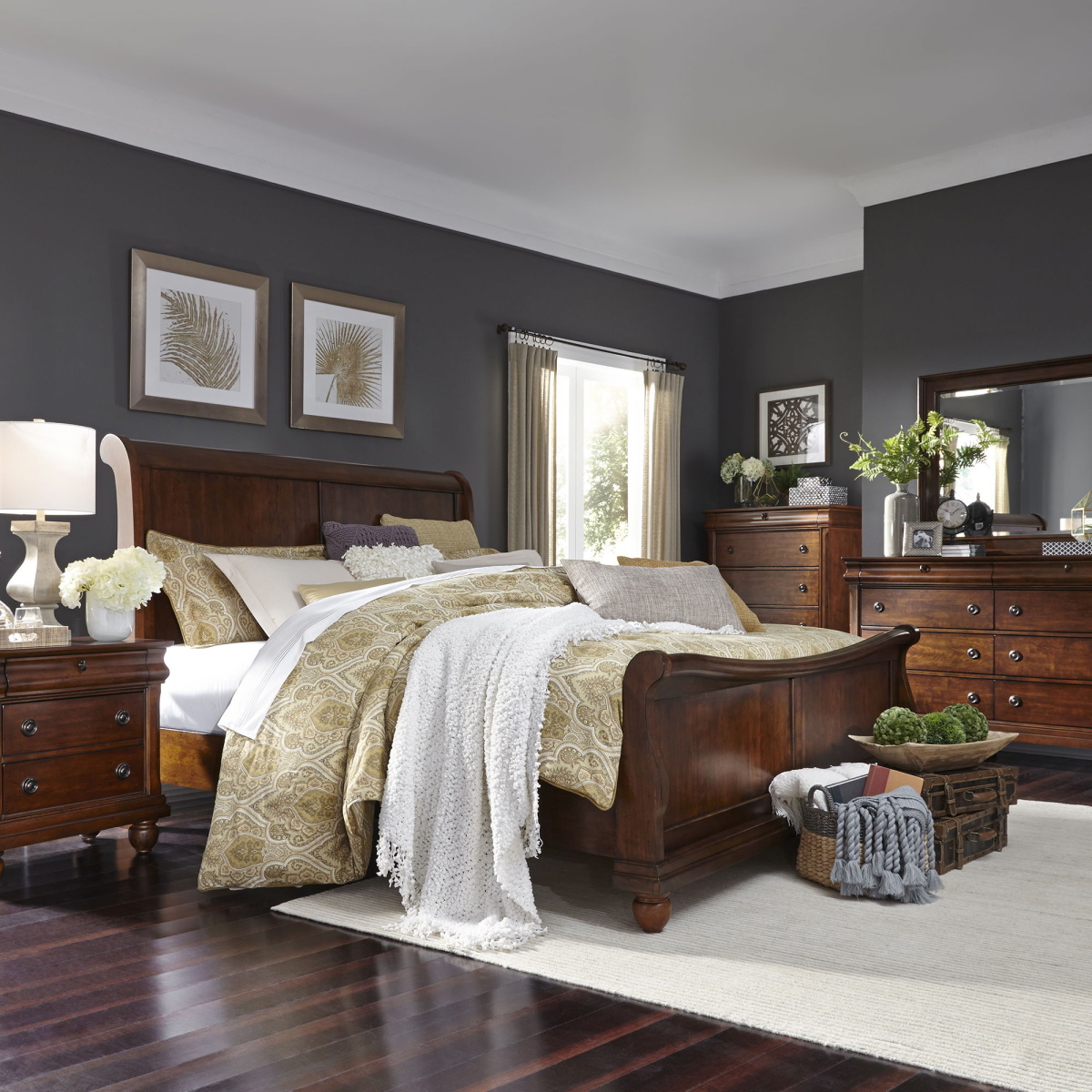6d737a869f68b3582a9bf4391d2c666f Rustic Traditions - 5 Piece Bedroom Set (King Sleigh Bed, Dresser & Mirror, Chest, Nightstand) - Dark Brown - Image 1