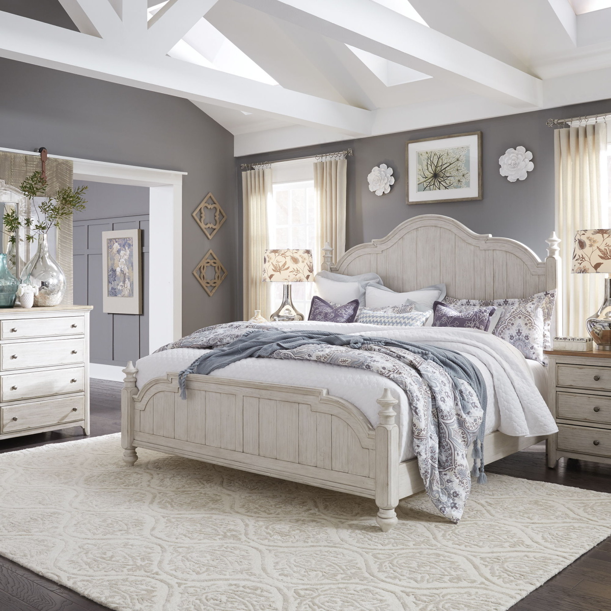 72c71209529ce8b80a5c9f56e1b1b1e0 Farmhouse Reimagined - 4 Piece Bedroom Set (King Poster Bed, Dresser & Mirror, Nightstand) - White - Image 1