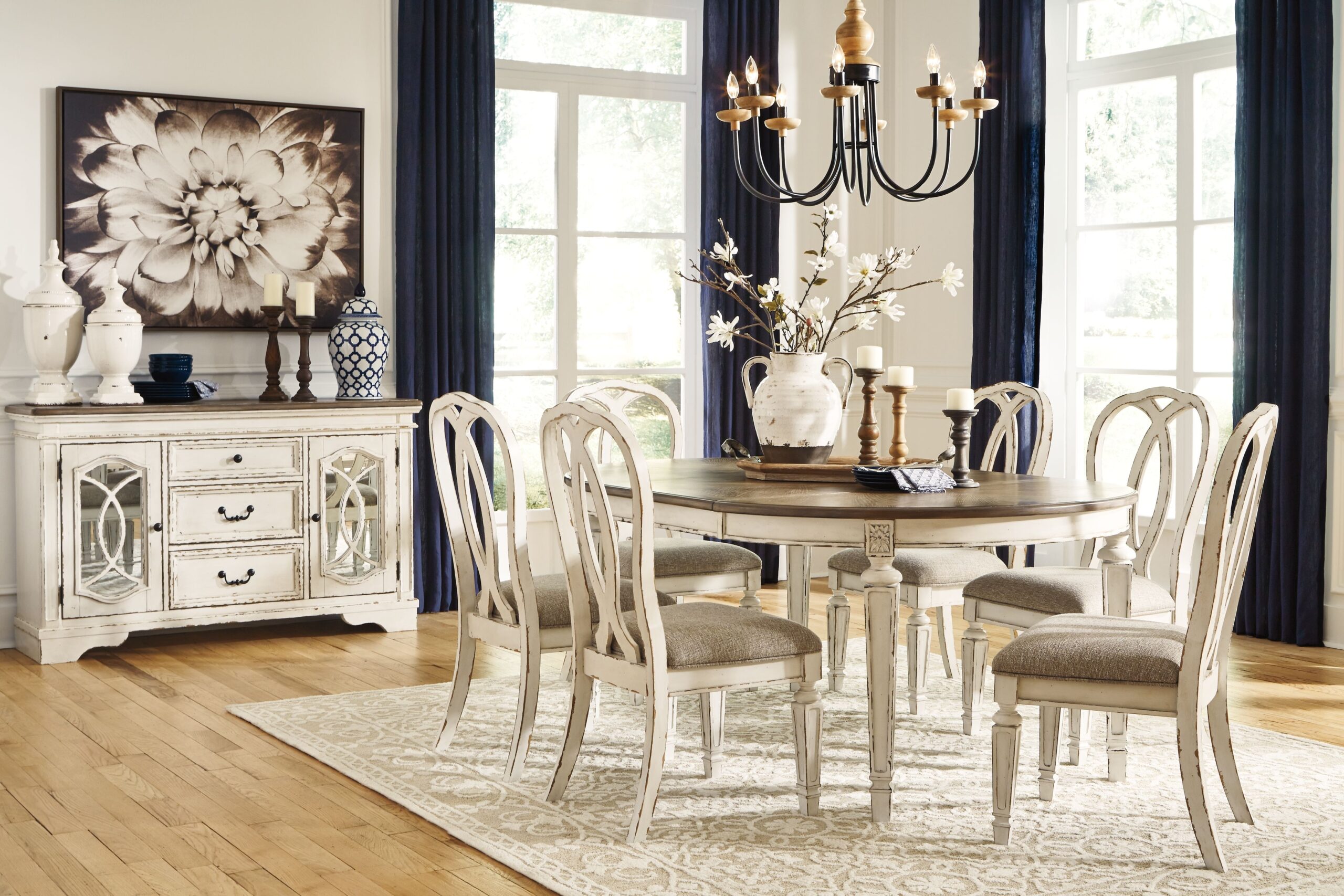 Realyn - 8 Pc. - Extension Table, 6 Ribbon Back Side Chairs, Server - White