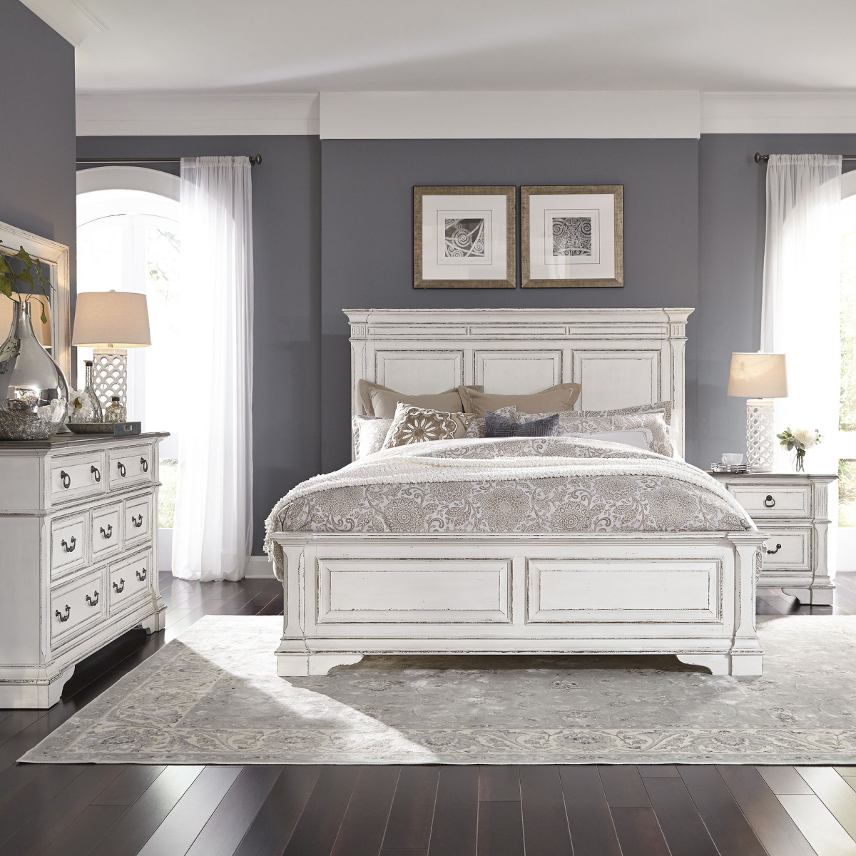 781d29557a7162cf116f237ee7b1289a Abbey Park - 4 Piece Bedroom Set (California King Panel Bed, Dresser & Mirror, Nightstand) - White - Image 1