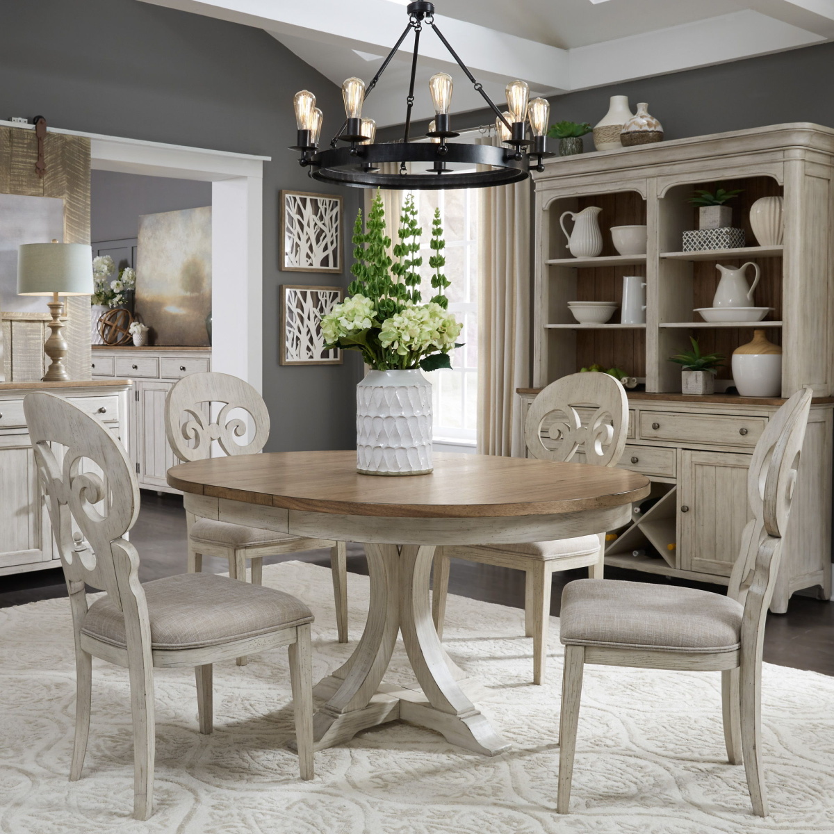 7be4b995ec59b0b26ac8a667cb3c81c5 Farmhouse Reimagined - 5 Piece Pedestal Table Set - White - Image 1