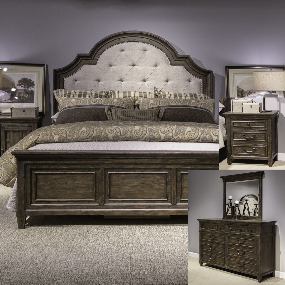 8693d8b2643ef844b2abe5dc11259dc7 Paradise Valley - 4 Piece Bedroom Set (King Upholstered Bed, Dresser & Mirror, Nightstand) - Saddle Brown - Image 1