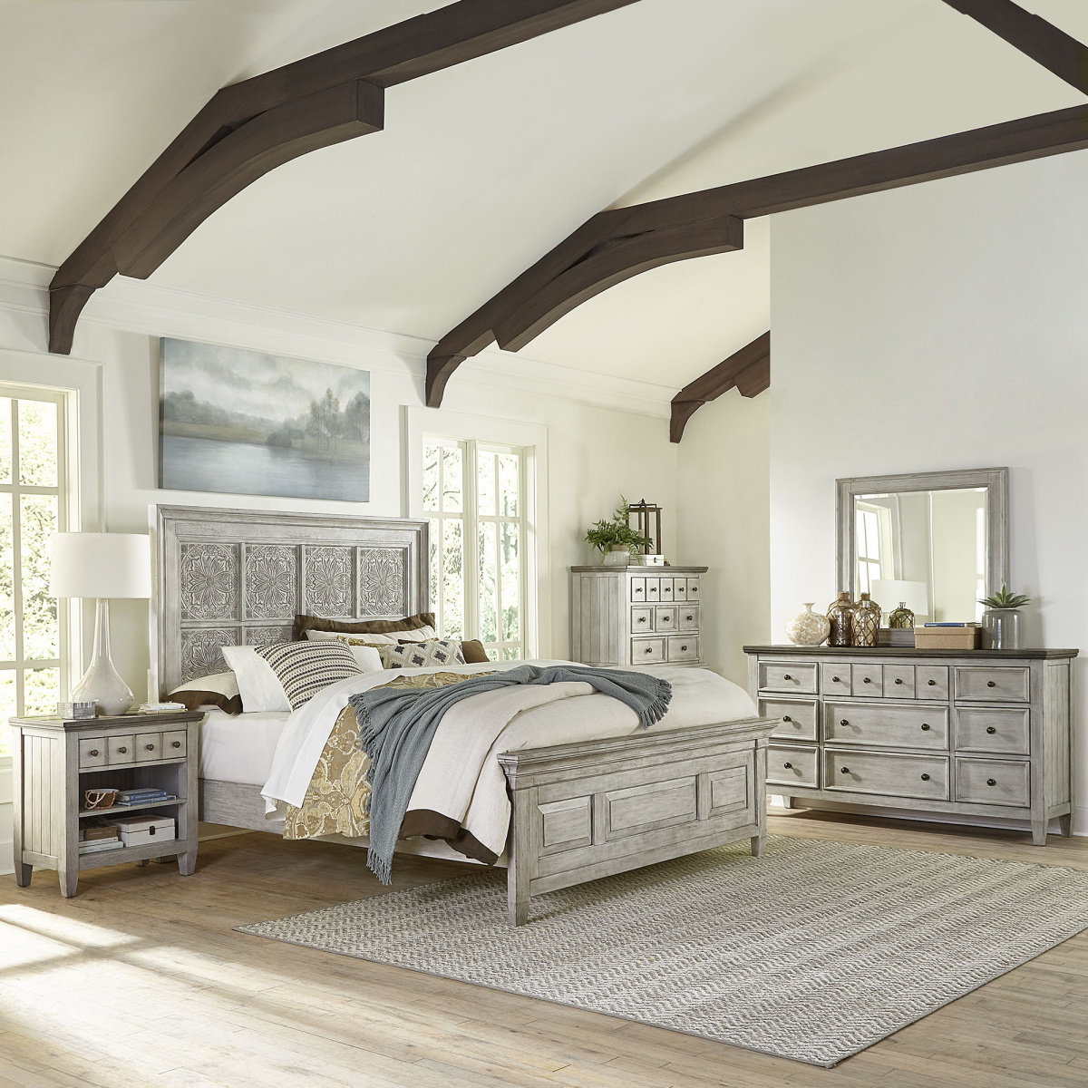 8a3fc81748416529cbffa71f75707b49 Heartland - 5 Piece Bedroom Set (Queen Panel Bed, Dresser & Mirror, Chest, Nightstand) - White - Image 1