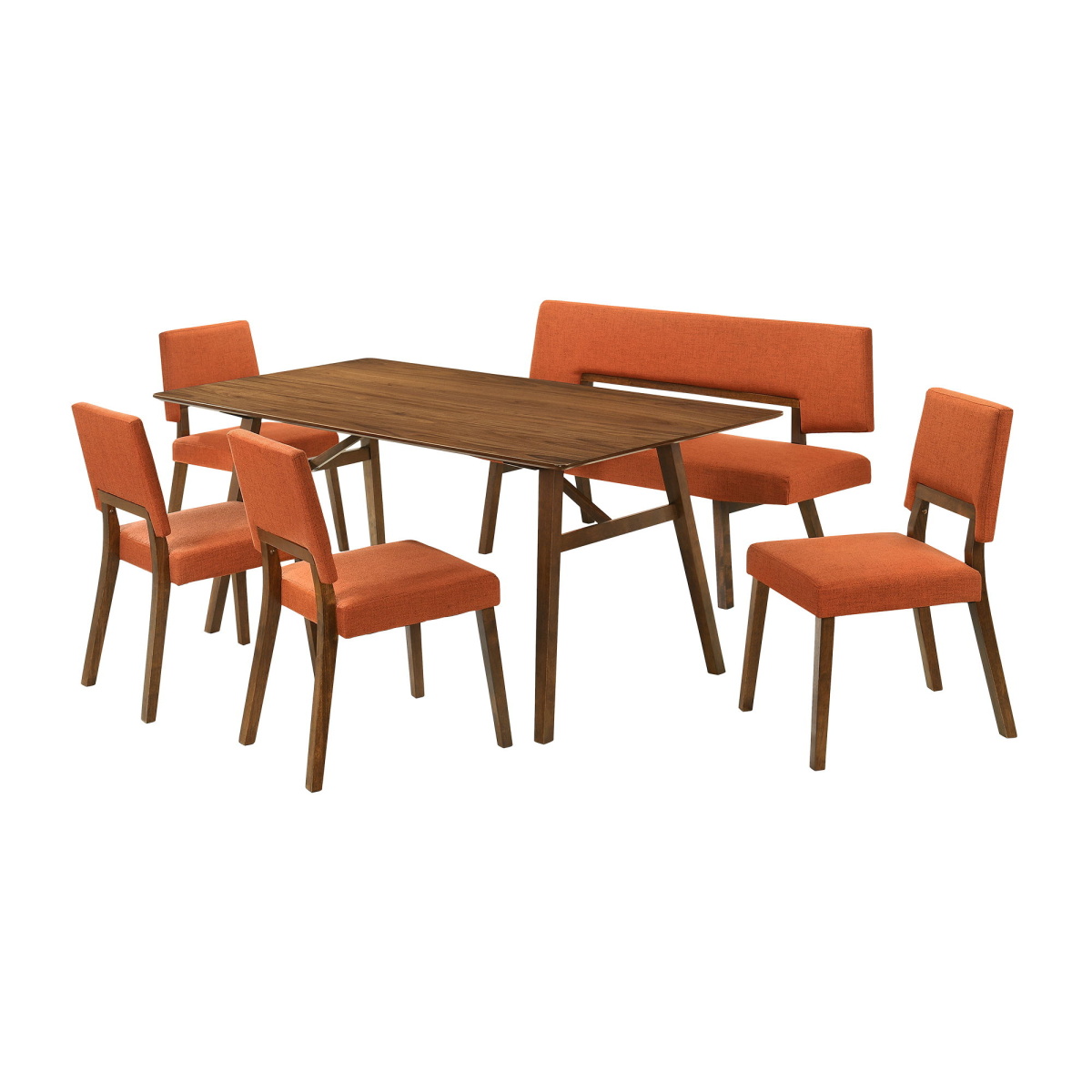 8e709e99f9d17f4f3f8a9347f00070af Channell - 6 Piece Walnut Wood Dining Table Set With Bench - Orange - Image 1
