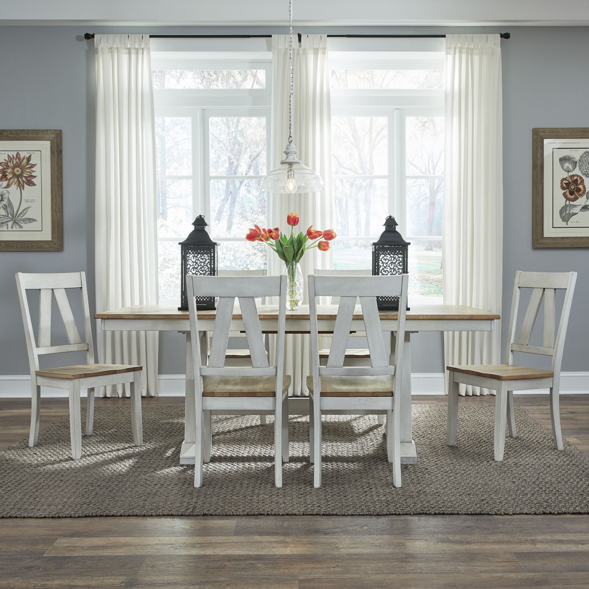 9ca029a57a0ec8e88c2f263e8123103d Lindsey Farm - 7 Piece Trestle Table Set - Weathered White - Image 1