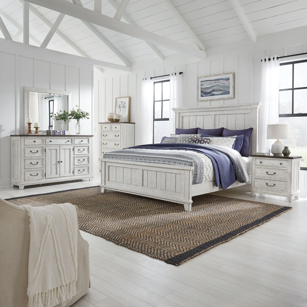 9cbc88eaf2bbeab897ece1908f2e2f8f River Place - 5 Piece Bedroom Set (Queen Panel Bed, Dresser & Mirror, Chest, Nightstand) - White - Image 1