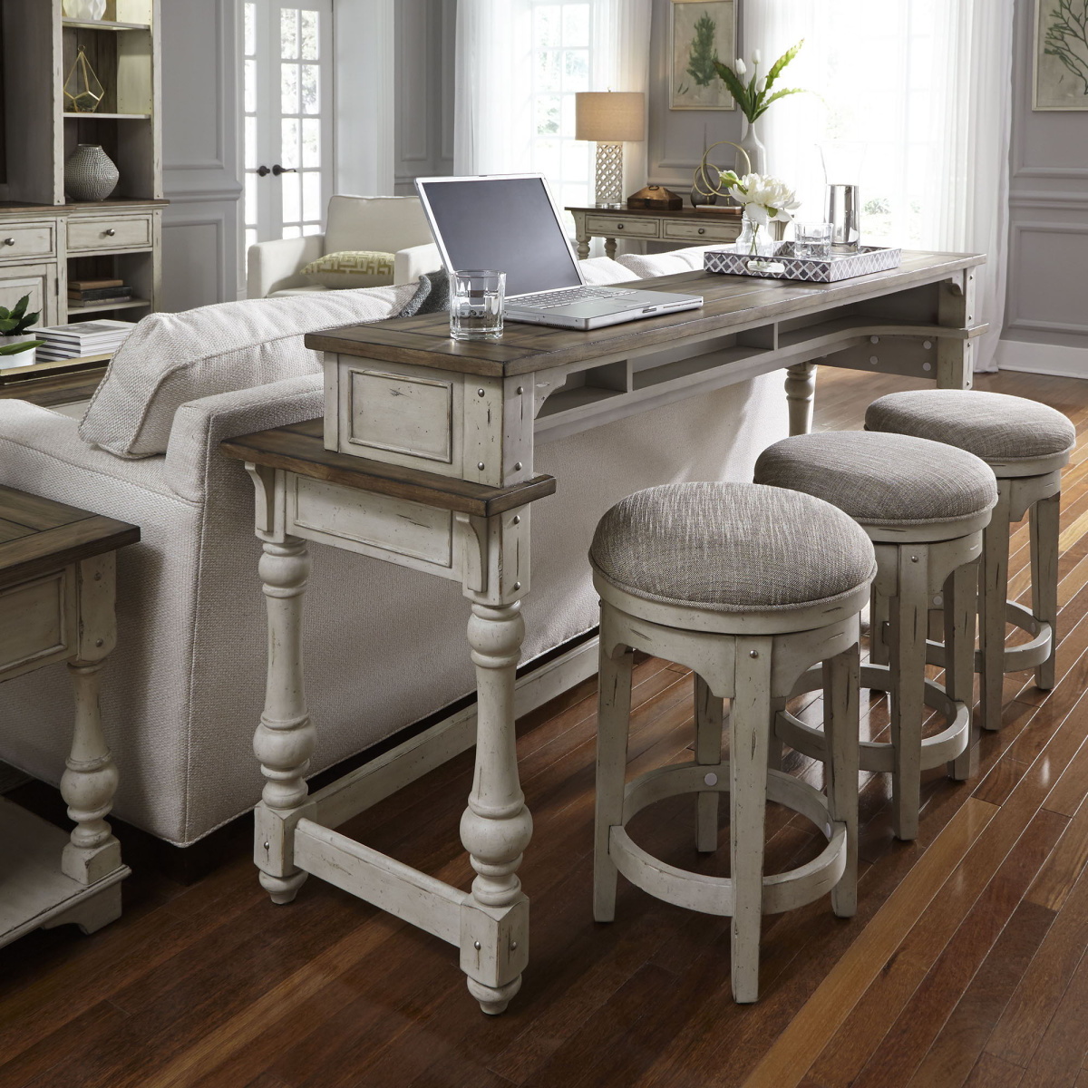 a99532908add0ce4cbb5bade9ba7275f Morgan Creek - 4 Piece Console Set (1 Console 3 Stools) - White - Image 1