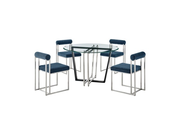 Devi Anastasia – 5 Piece Round Glass Dining Table Set – Brushed Silver / Blue Dining Sets Direct Express