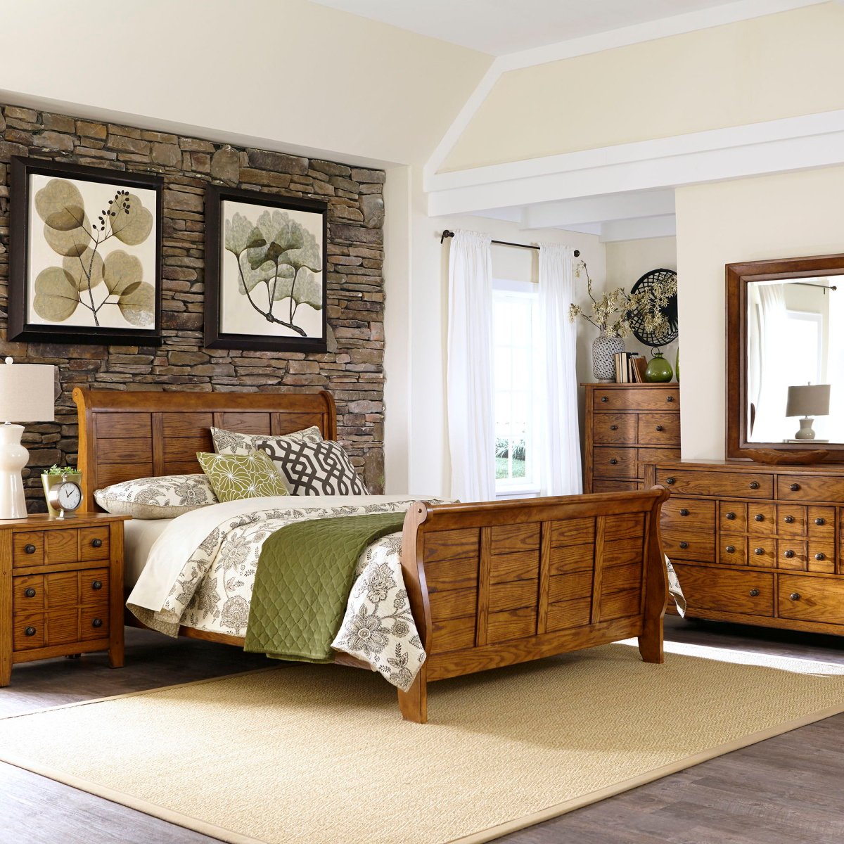 afed73e13ed0c38ba14803646bc77d8d Grandpas Cabin - 5 Piece Bedroom Set (California King Sleigh Bed, Dresser & Mirror, Chest, Nightstand) - Light Brown - Image 1