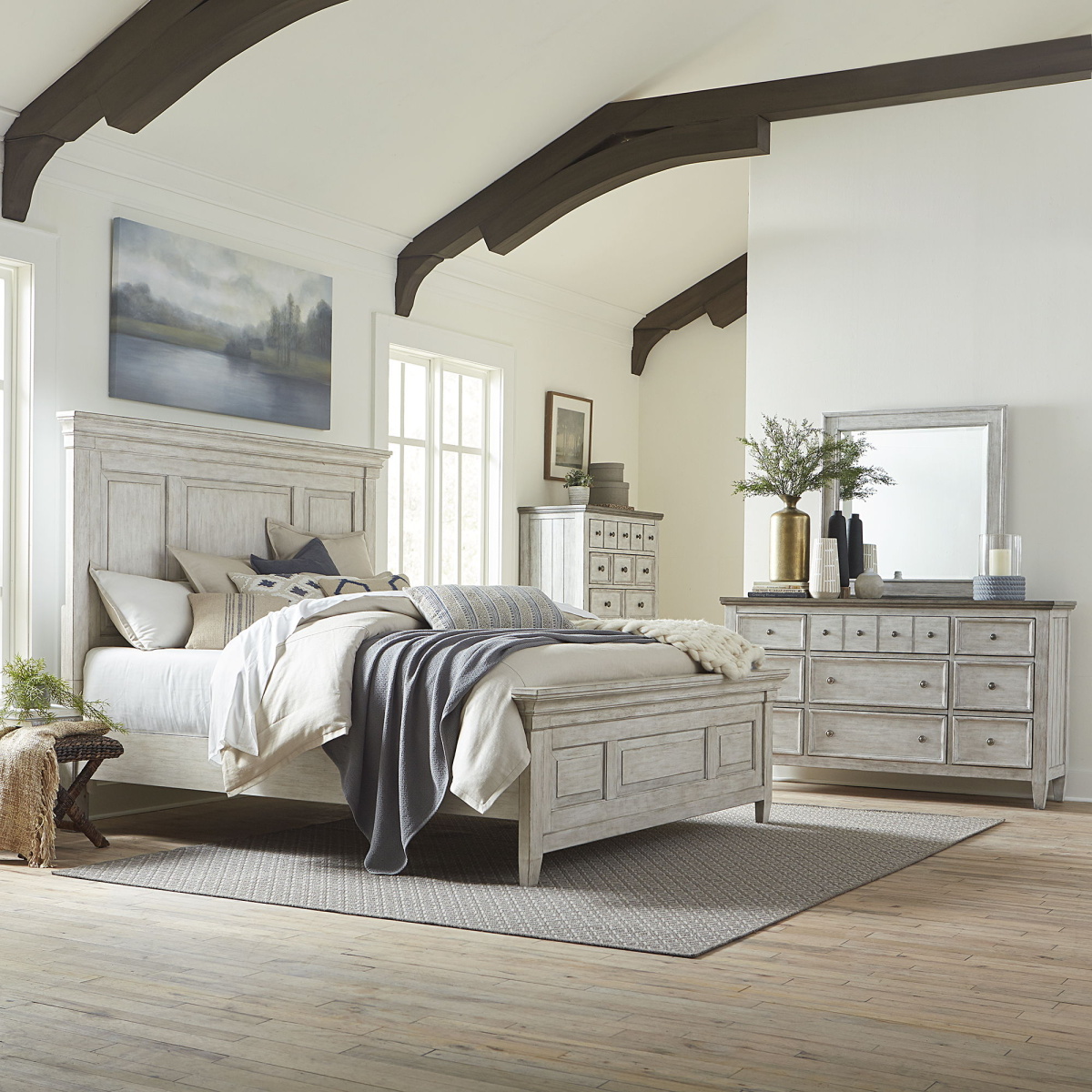 b7606ef170272708b568219824f6285c Heartland - 4 Piece Bedroom Set (Queen Panel Bed) - Raised Panels Headboard / Footboard, Dresser & Mirror, Chest - White - Image 1