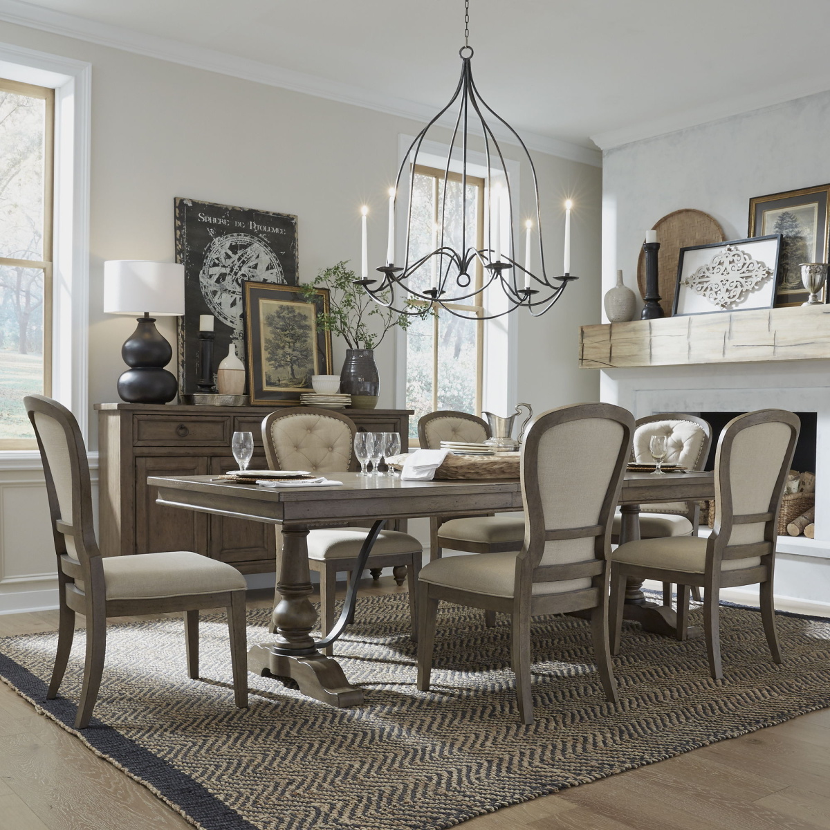 ba4ae42a523927dafe5925806a337e41 Americana Farmhouse - 7 Piece Trestle Table Set - Light Brown & Beige - Image 1