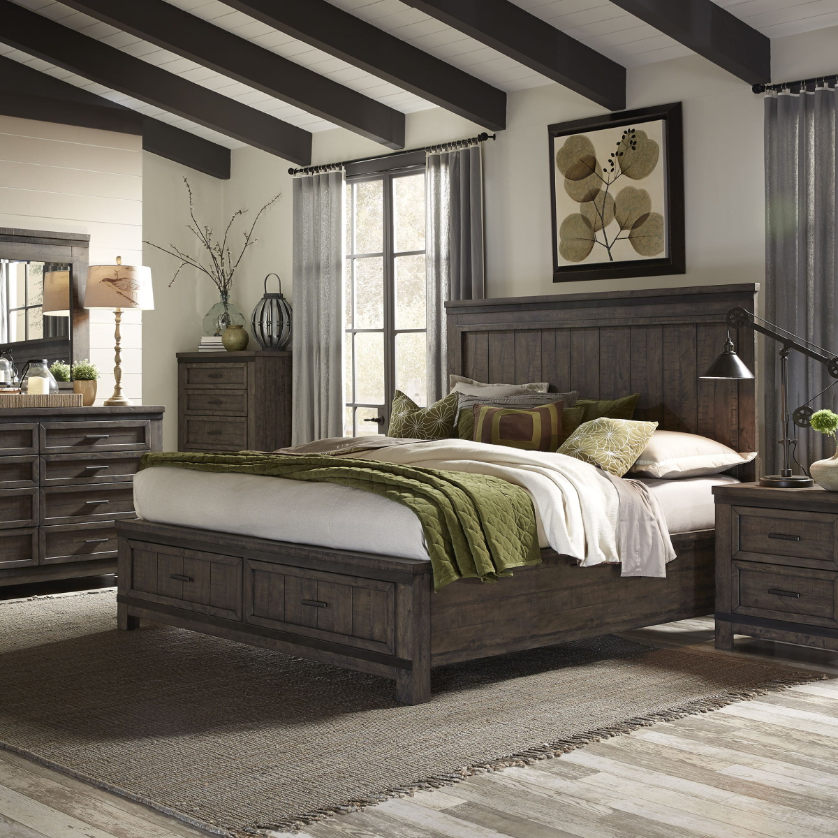 bbf6c3e60e6159732fa199c035638cf7 Thornwood Hills - 4 Piece Bedroom Set (King Storage Bed, Dresser & Mirror, Nightstand) - Rock Beaten Brown - Image 1