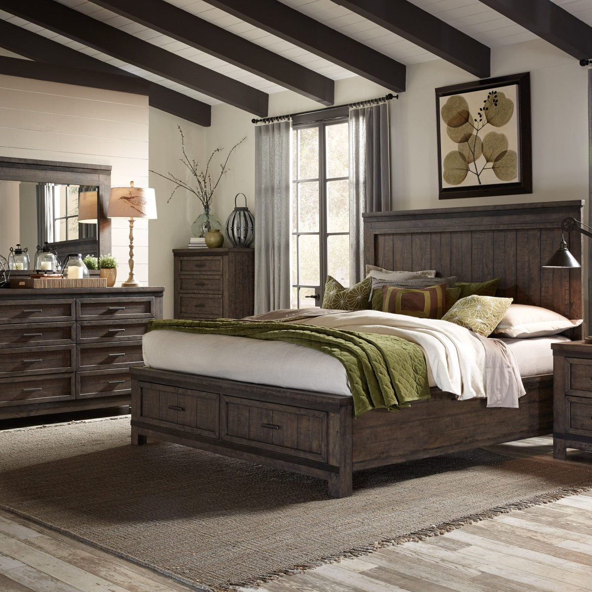 bf8049fa3203d4281c5b0ae948d168e1 Thornwood Hills - 4 Piece Bedroom Set (Queen Storage Bed, Dresser & Mirror, Chest) - Rock Beaten Brown - Image 1