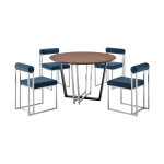 Joana Anastasia - 5 Piece Round Walnut Dining Table Set - Brushed Silver / Blue