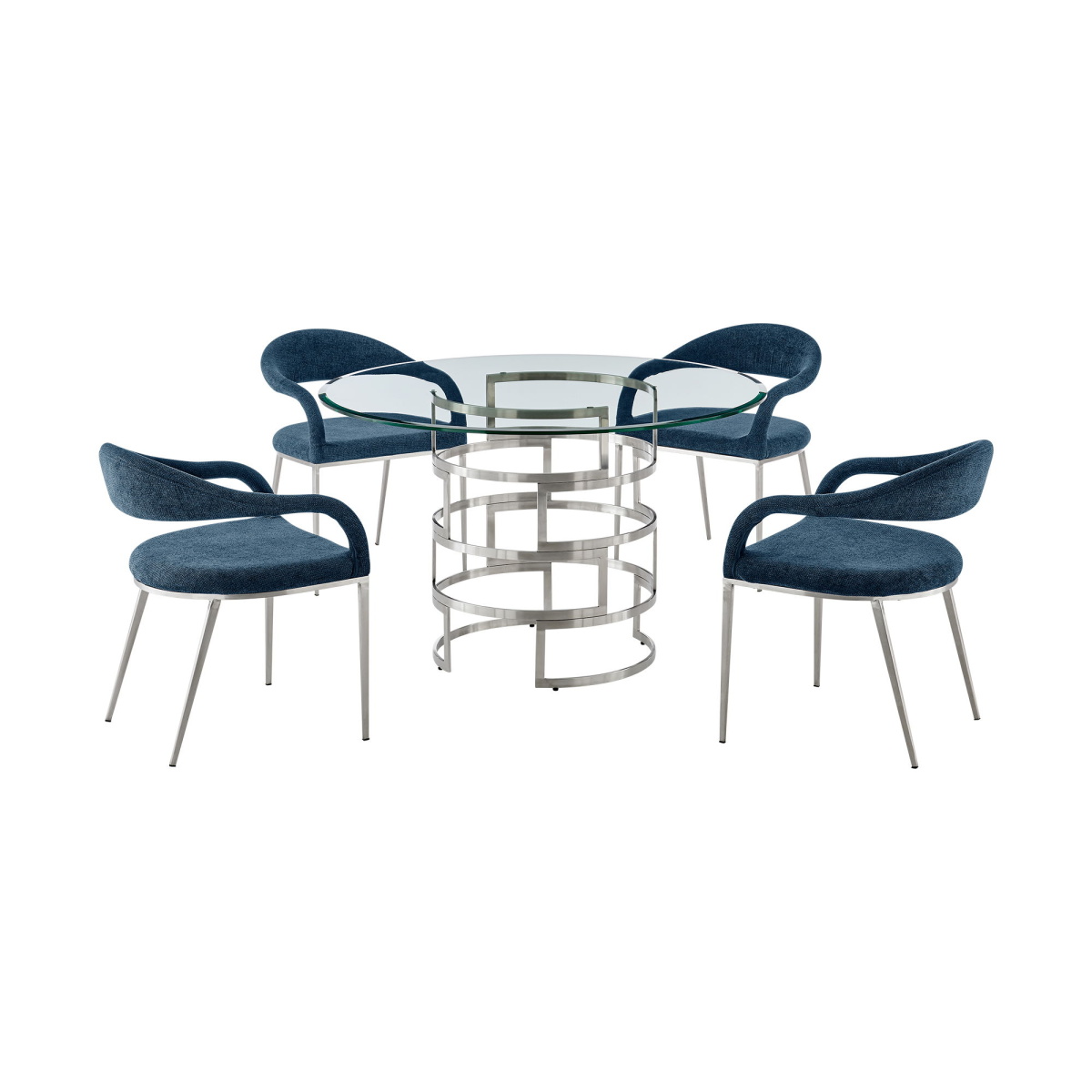 c13a2d4e0280602eb91c0c7078fe0ba0 Diaz Morgan - 5 Piece Round Glass Dining Table Set - Brushed Silver / Blue - Image 1