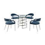 Diaz Morgan - 5 Piece Round Glass Dining Table Set - Brushed Silver / Blue