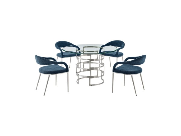Diaz Morgan – 5 Piece Round Glass Dining Table Set – Brushed Silver / Blue Dining Sets Direct Express