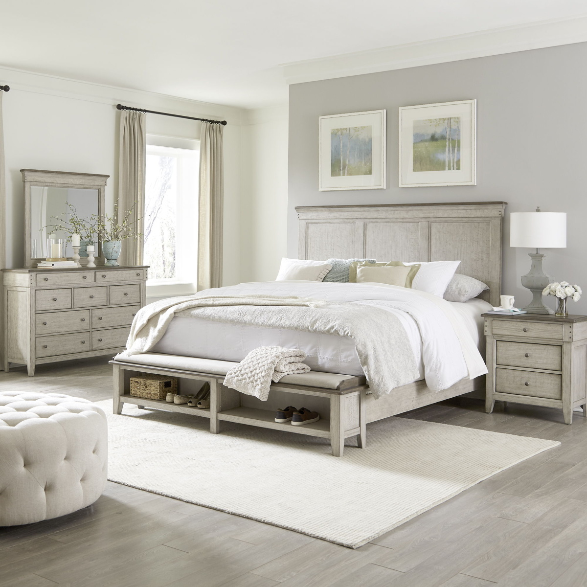 cc5aa6e54547bbc02c7936d9f8a641cf Ivy Hollow - 4 Piece Bedroom Set (King Storage Bed, Dresser & Mirror, Nightstand) - Weathered Linen / Dusty Taupe - Image 1