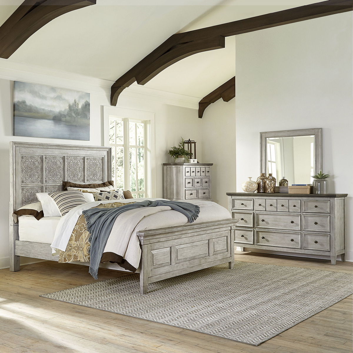 cc68dfa0537636e5c7bcc1b28c4c9ae6 Heartland - 4 Piece Bedroom Set (King Panel Bed, Dresser & Mirror, Chest) - Aged White - Image 1