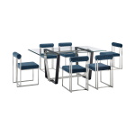 Kai Anastasia - 7 Piece Rectangular Glass Dining Table Set - Brushed Silver / Blue