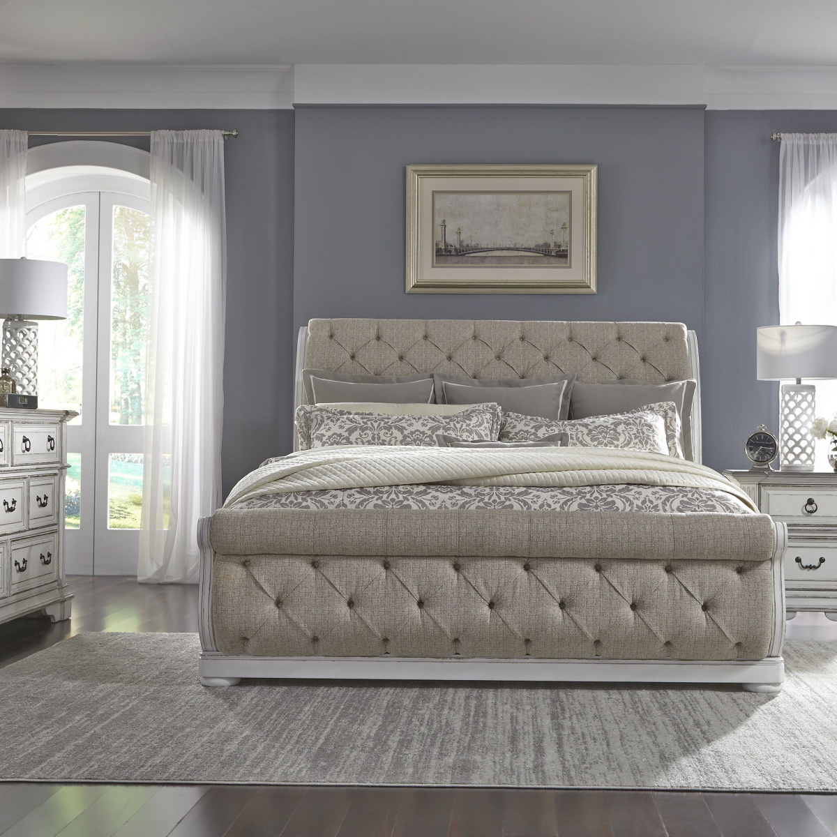 d2ea8dee38d2c8a8b37d85014de2ab7c Abbey Park - 4 Piece Bedroom Set (Queen Upholstered Sleigh Bed, Dresser & Mirror, Nightstand) - Antique White - Image 1