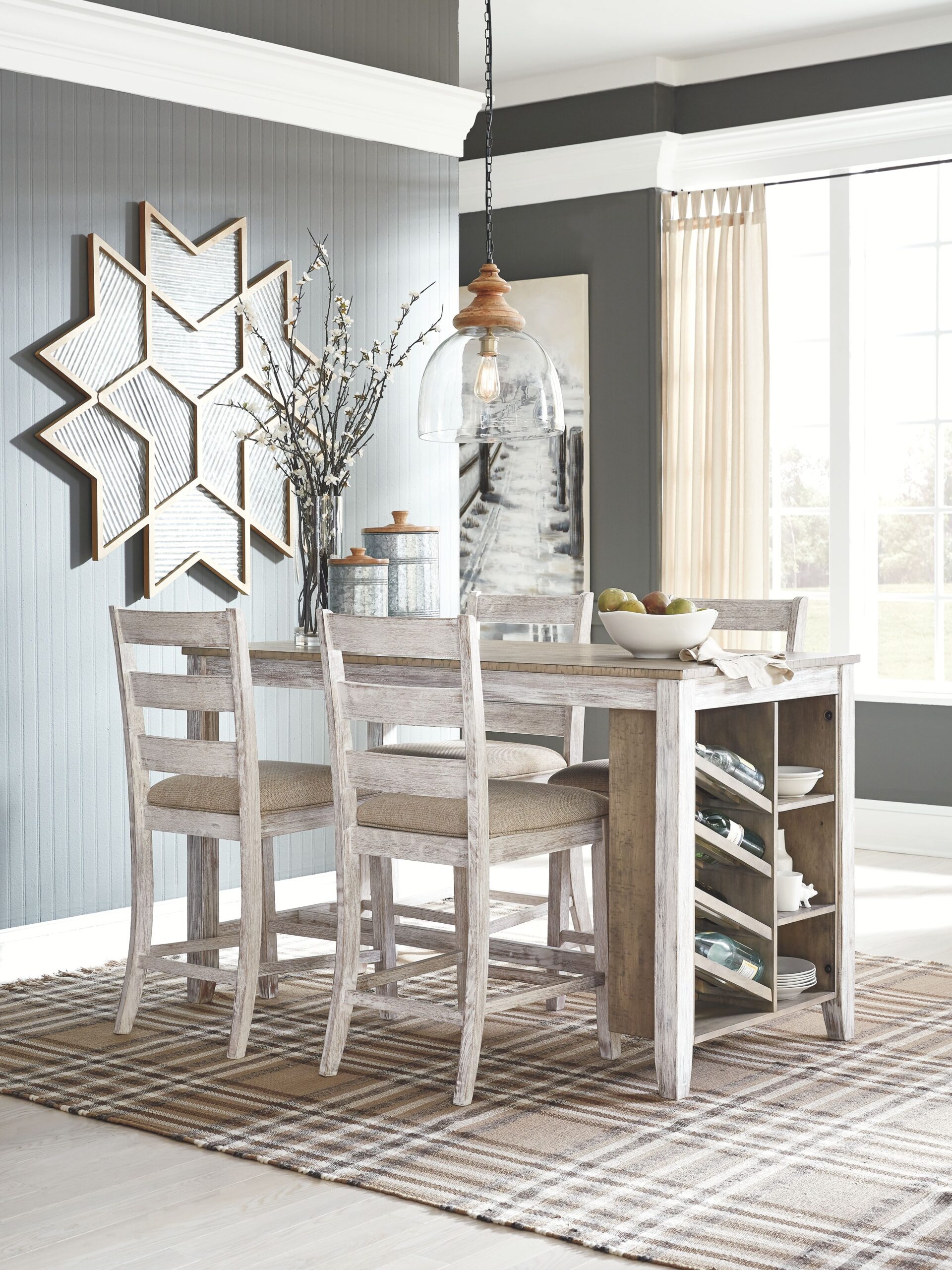 Skempton - 5 Pc. - Counter Table, 4 Upholstered Barstools - White