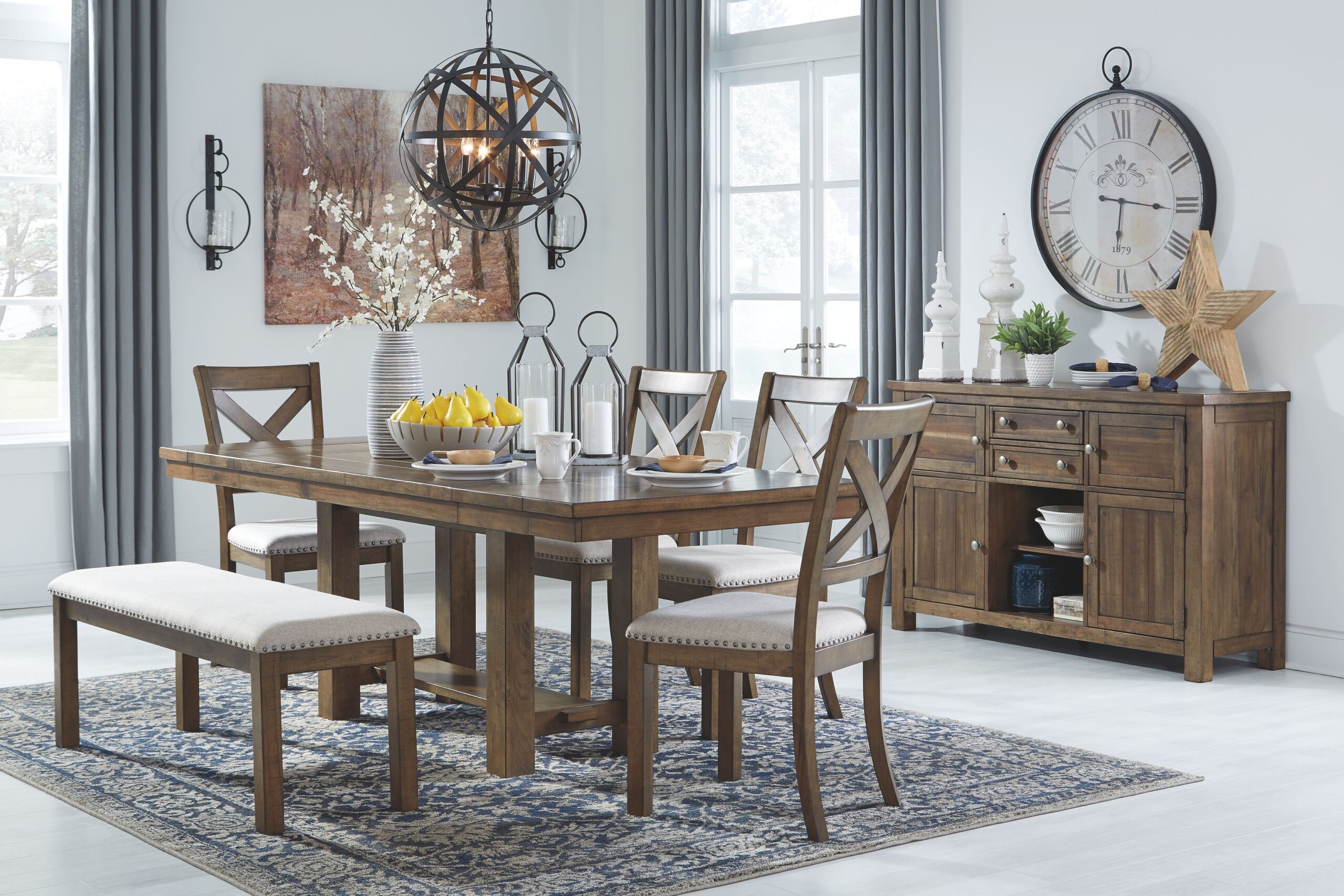 Moriville - 7 Pc. - Extension Table, 4 Side Chairs, Bench, Server - Dark Gray