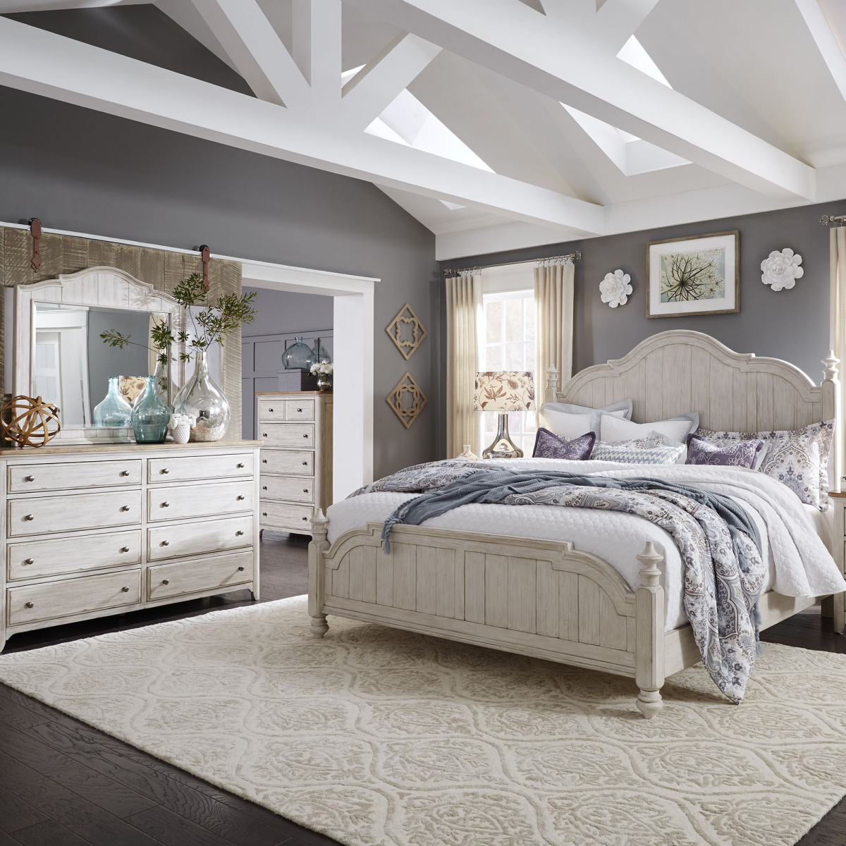 e738e83600b637687013777476d8b4db Farmhouse Reimagined - 4 Piece Bedroom Set (King Poster Bed, Dresser & Mirror, Chest) - White - Image 1