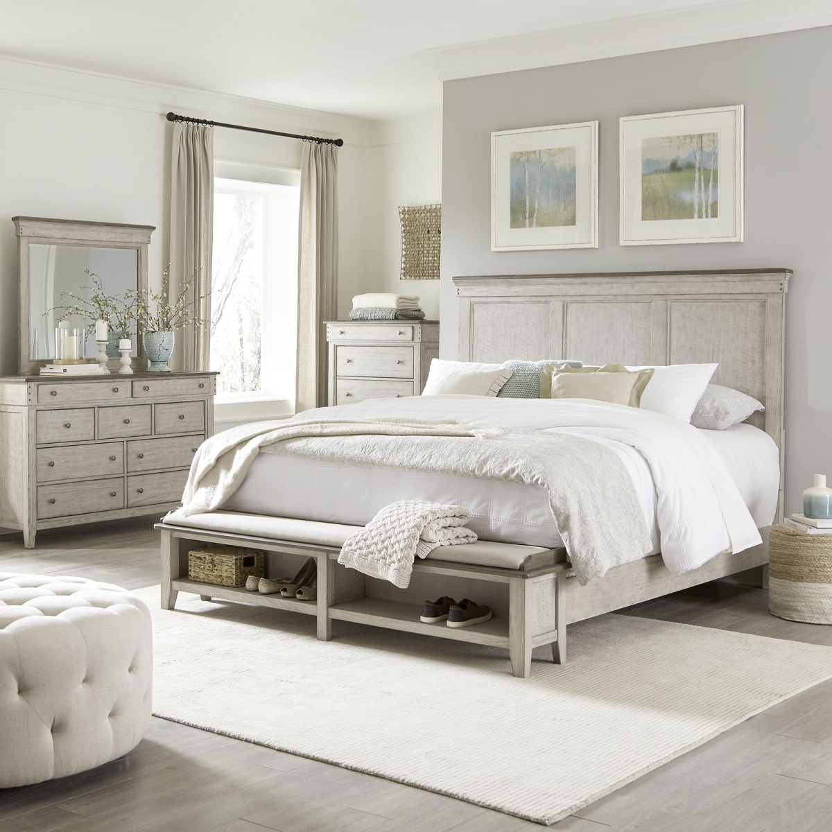 f52972e3e84e6989231acc61c0b779ae Ivy Hollow - 4 Piece Bedroom Set (King Storage Bed, Dresser & Mirror, Chest) - Weathered Linen / Dusty Taupe - Image 1