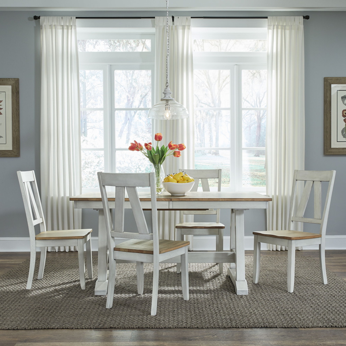f816f6ad0fc9acaabfb04b6f304150c3 Lindsey Farm - 5 Piece Trestle Table Set - Weathered White - Image 1