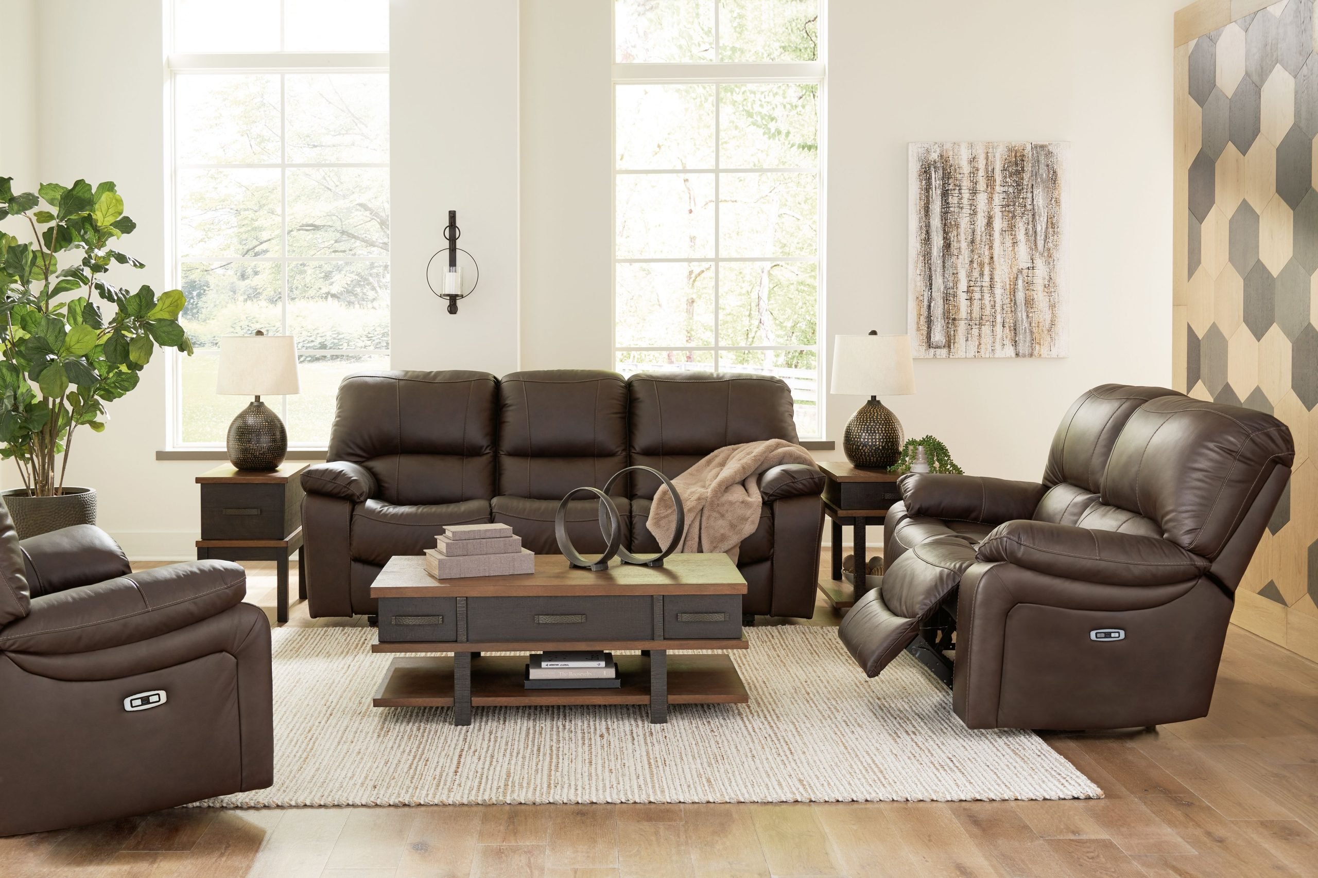 Leesworth - 3 Pc. - Power Reclining Sofa, Loveseat, Rocker Recliner - Dark Brown