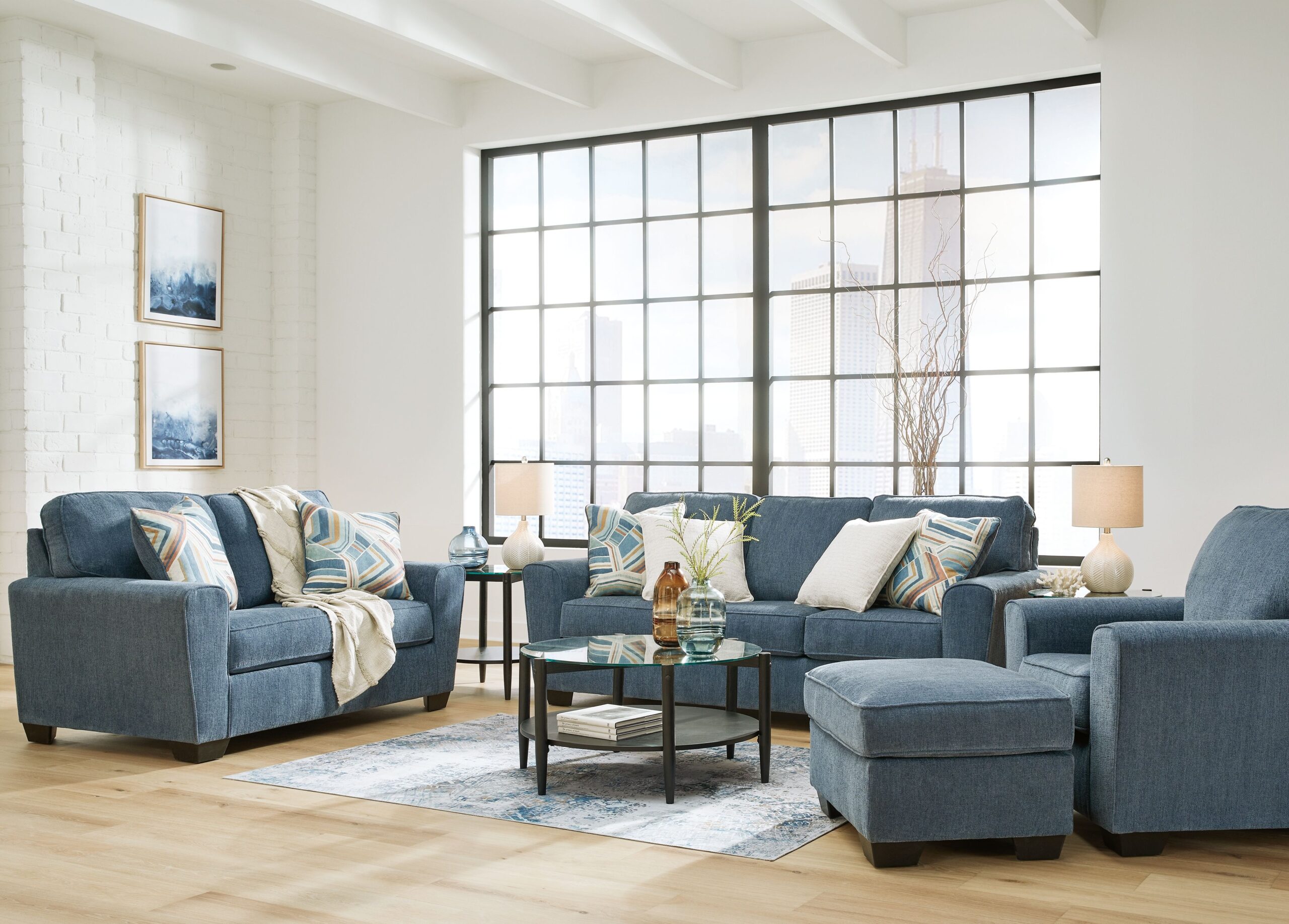 Cashton - 4 Pc. - Sofa, Loveseat, Chair, Ottoman - Blue