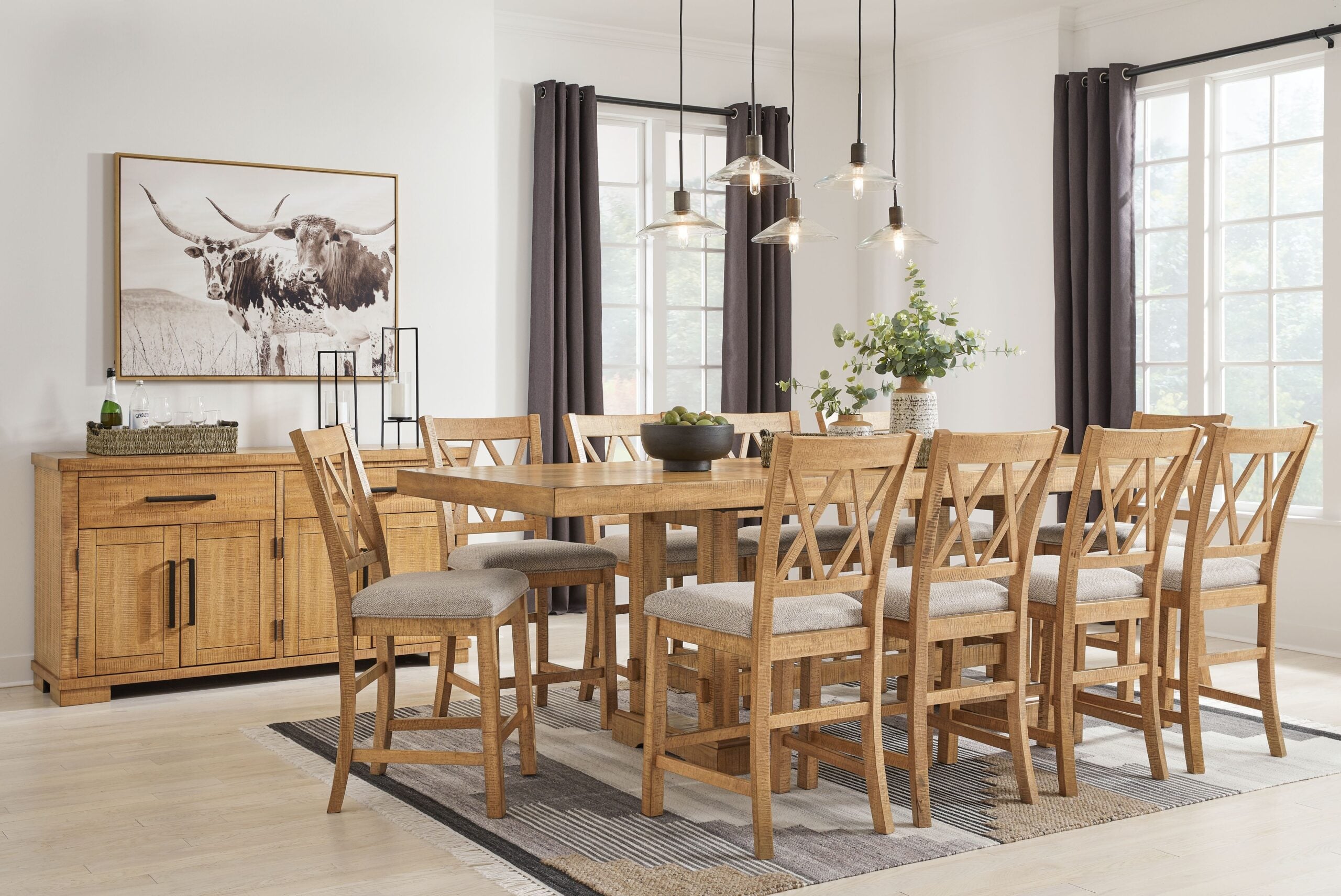 Havonplane - 12 Pc. - Counter Extension Table, 10 Upholstered Barstools, Server - Brown