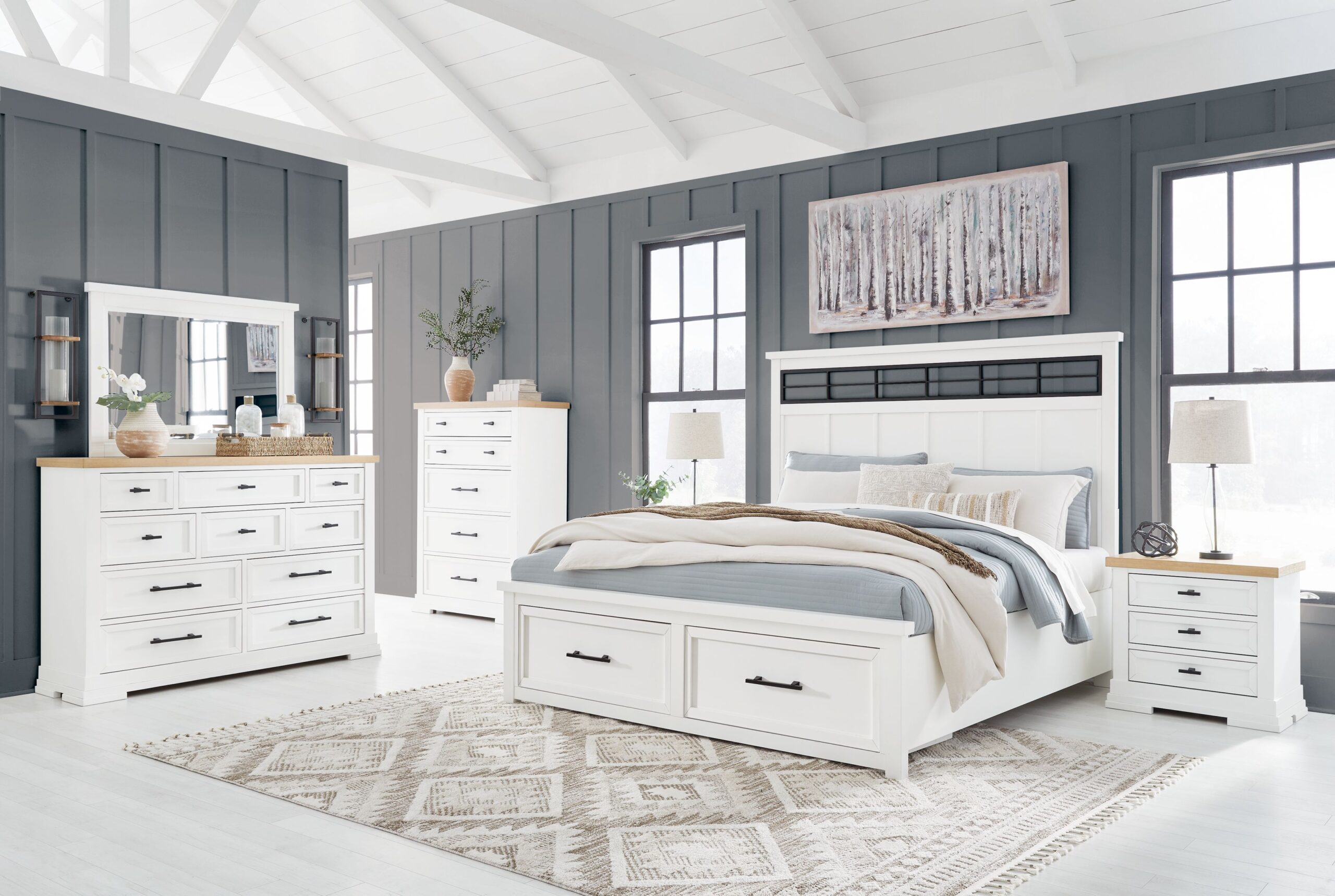 Ashbryn - 7 Pc. - Dresser, Mirror, King Panel Storage Bed, 2 Nightstands - White / Natural