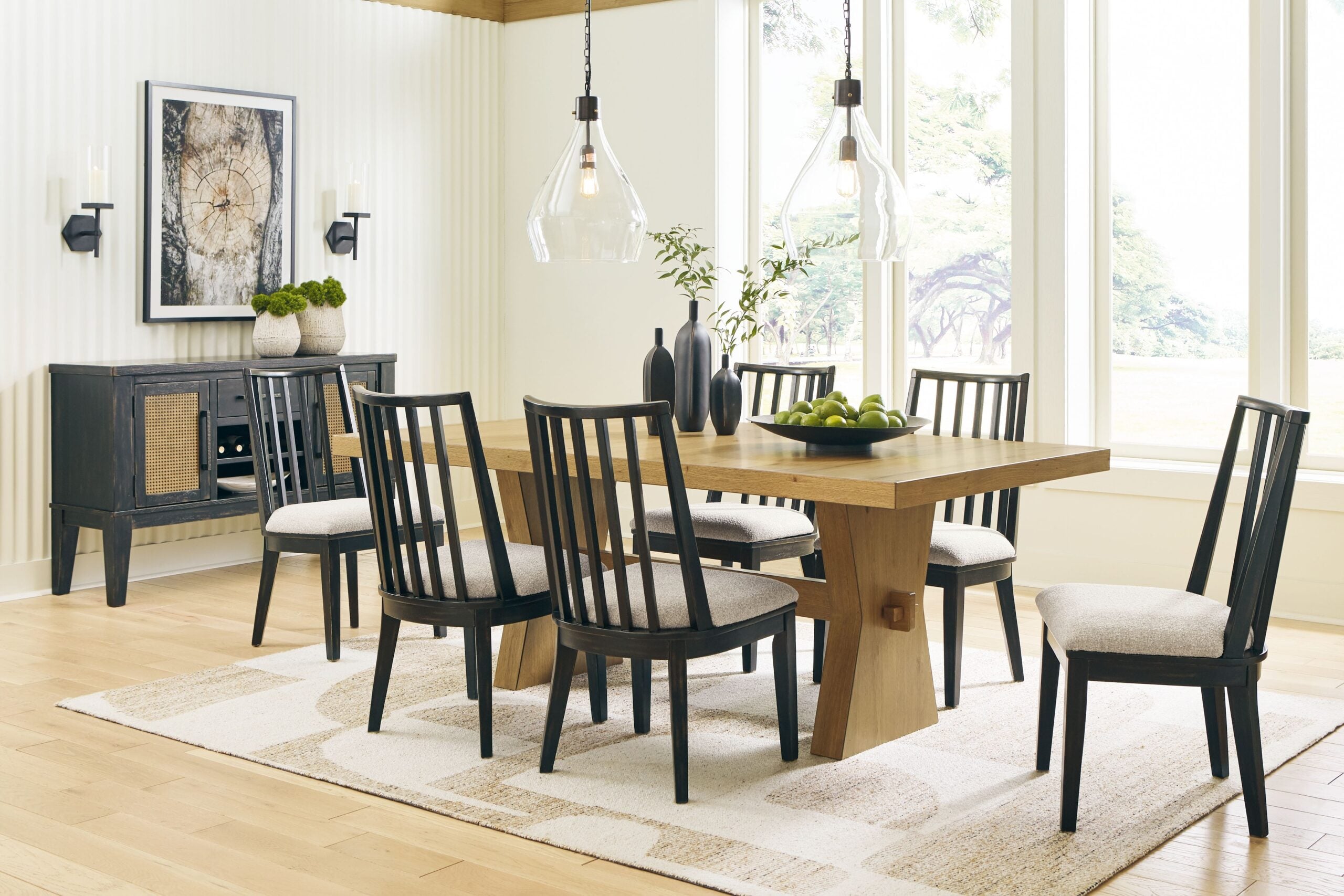 Galliden - 8 Pc. - Rectangular Dining Table, 6 Side Chairs, Server - Light Brown / Black