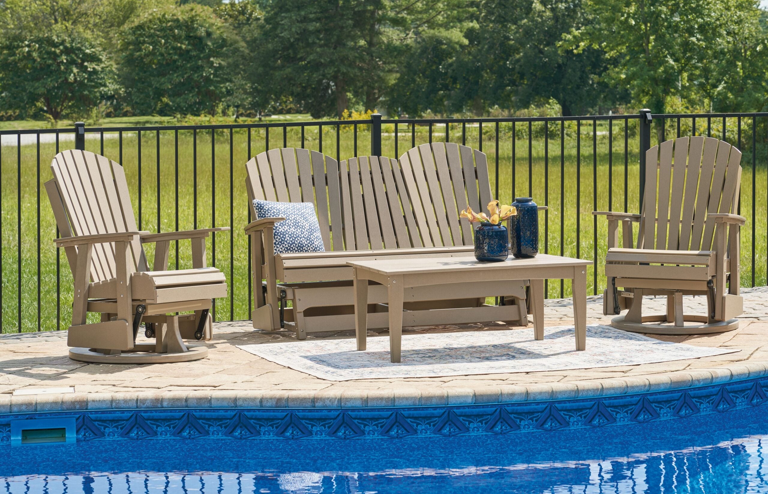 Hyland Wave - 4 Pc. - Glider Loveseat, 2 Swivel Glider Chairs, Cocktail Table - Driftwood