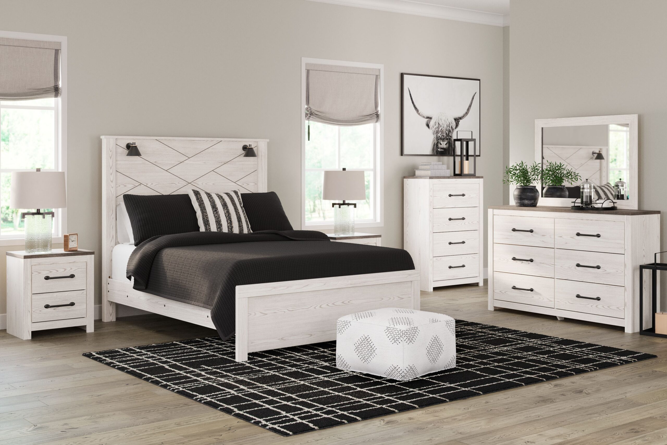 Gerridan - 6 Pc. - Dresser, Mirror, Chest, Queen Panel Bed with Sconces - White