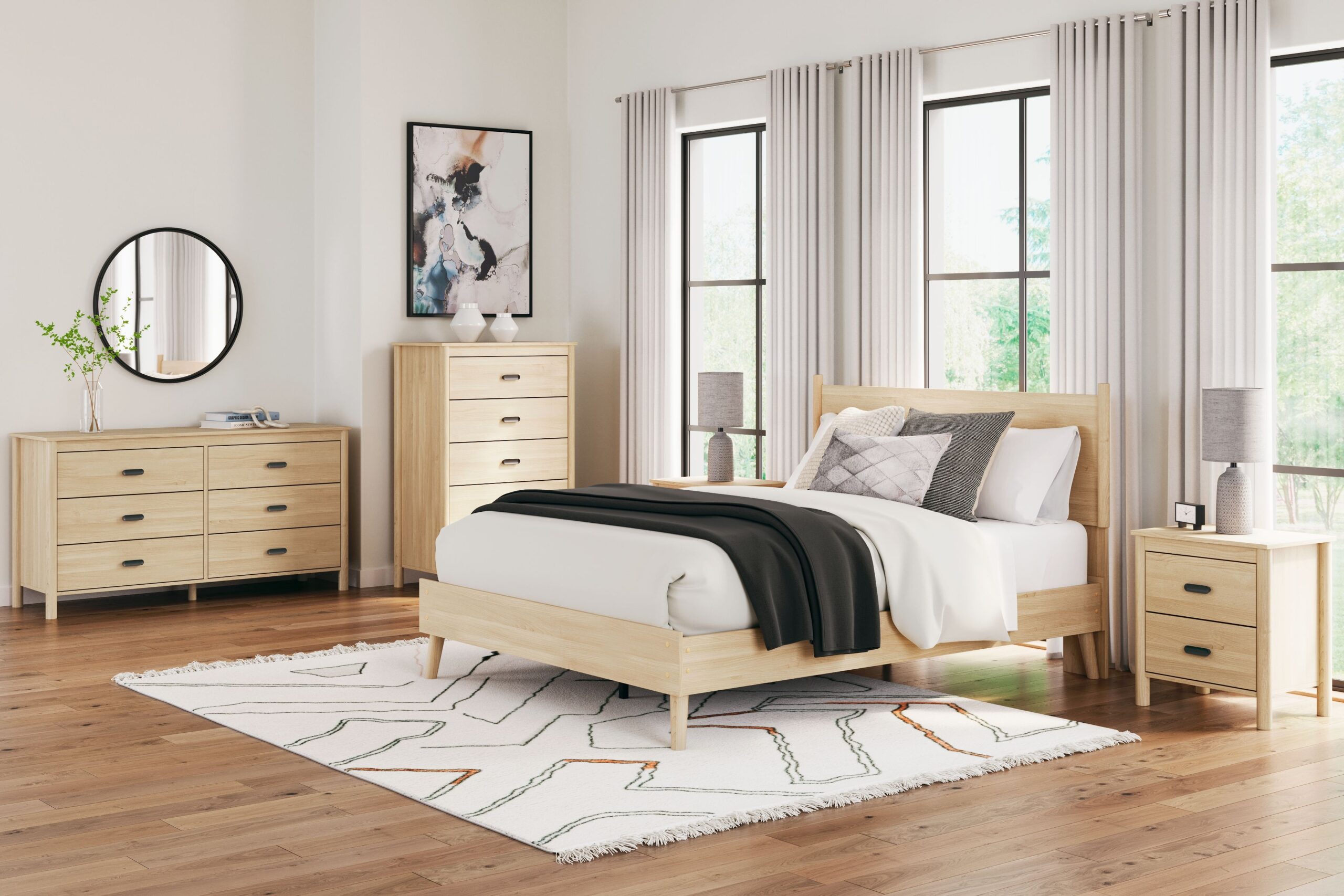 Cabinella - 6 Pc. - Dresser, Chest, Queen Platform Panel Bed, 2 Nightstands - Tan