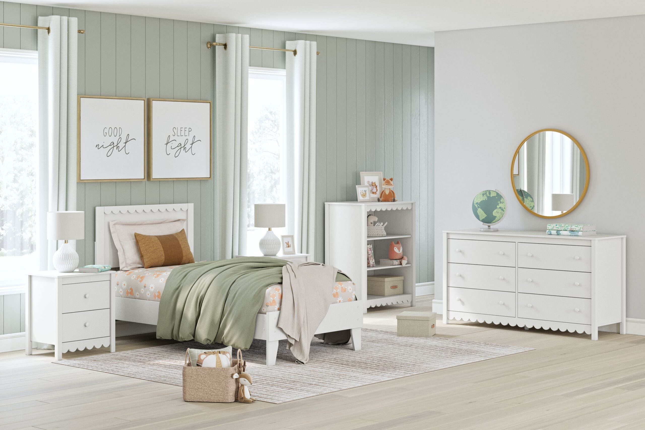 Hallityn - 4 Pc. - Bookcase, Dresser, Twin Panel Platform Bed - White